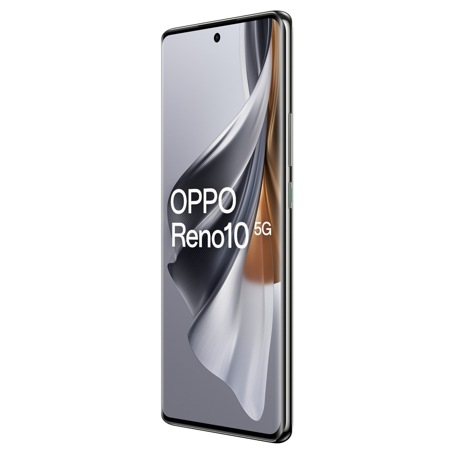 Telefon OPPO Reno10 5G z zakrzywionym ekranem, pokazujący gradientowe tło i przedni aparat.