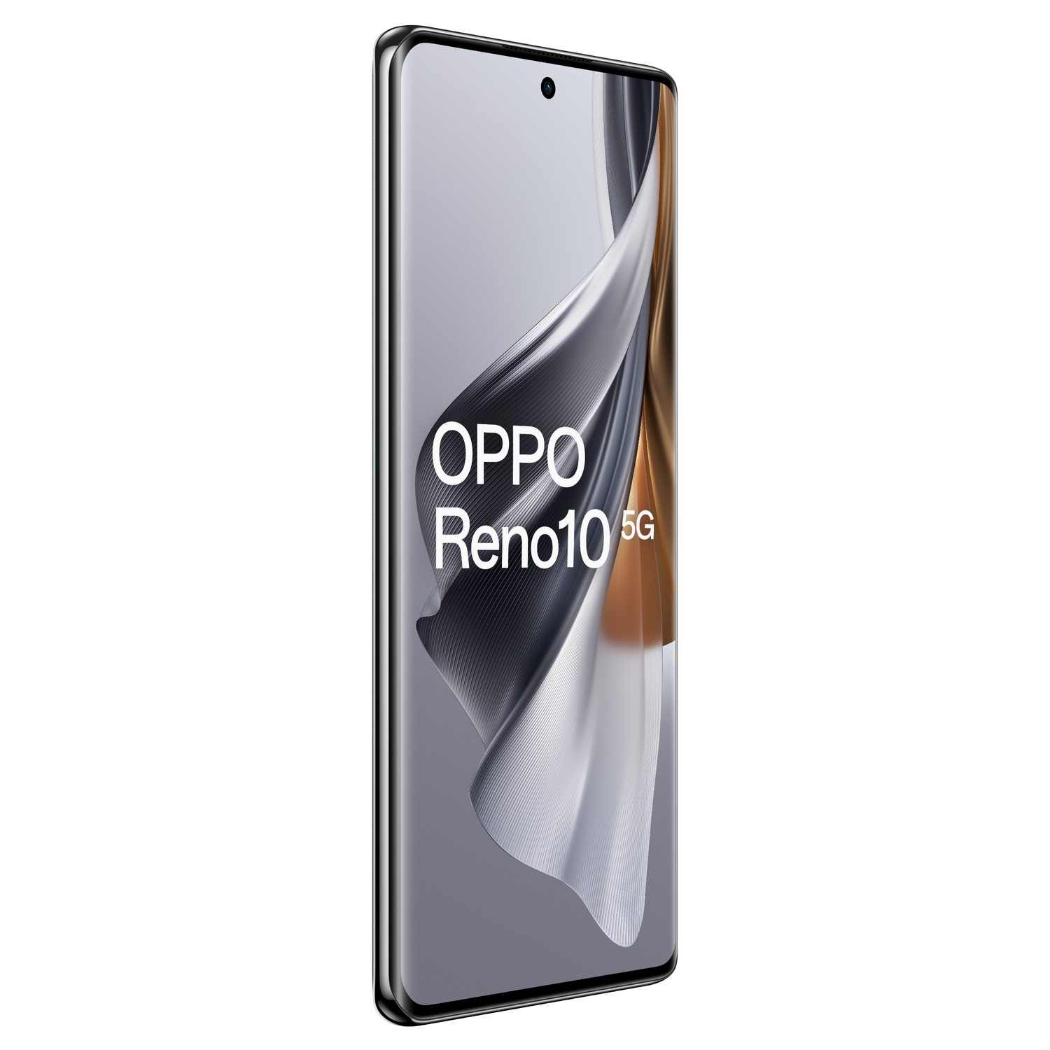 Smartfon OPPO Reno10 5G z zakrzywionym ekranem, wyświetlający stylizowany obraz.