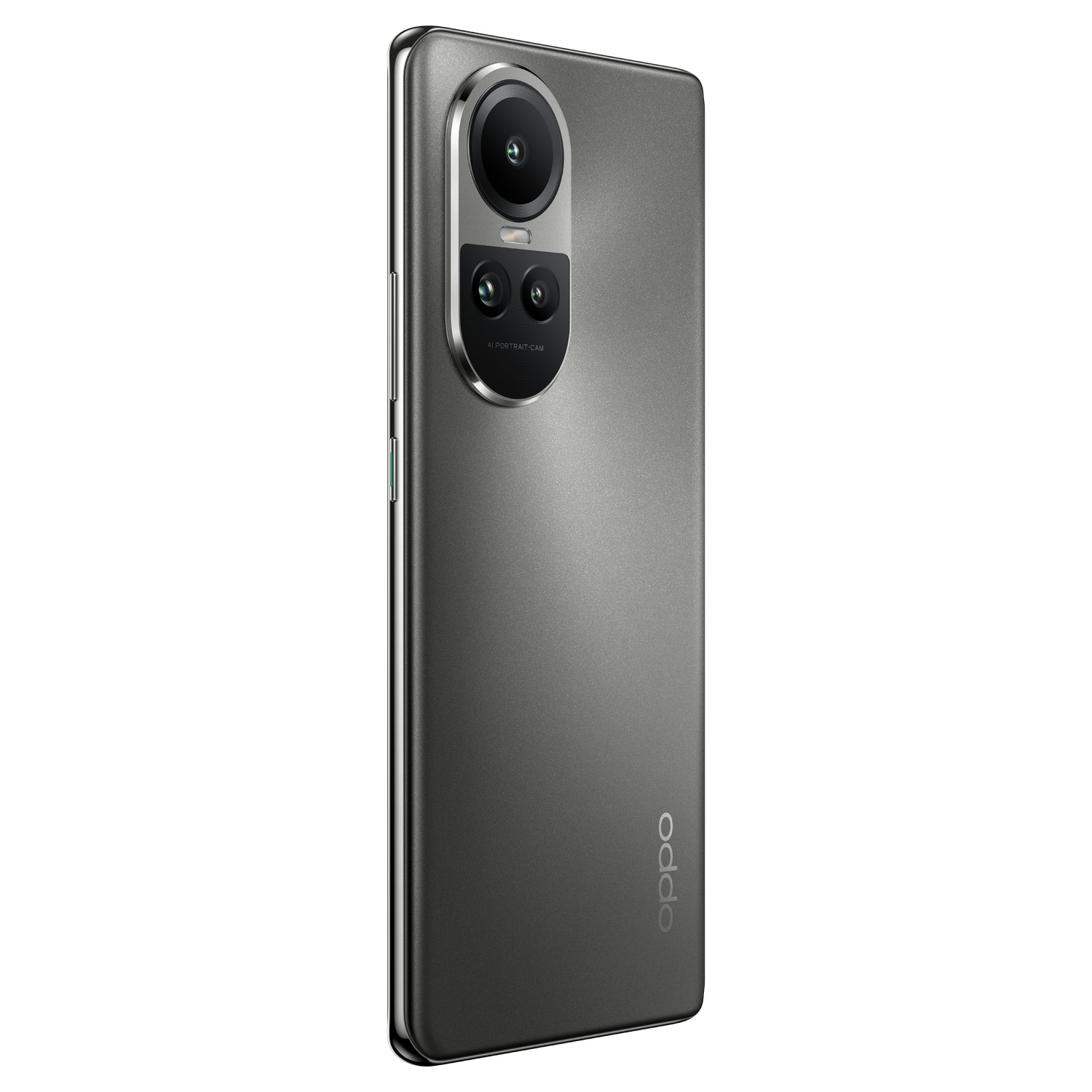 Szary tył smartfona Oppo. Posiada duży moduł aparatu z tekstem AI Portrait Cam.