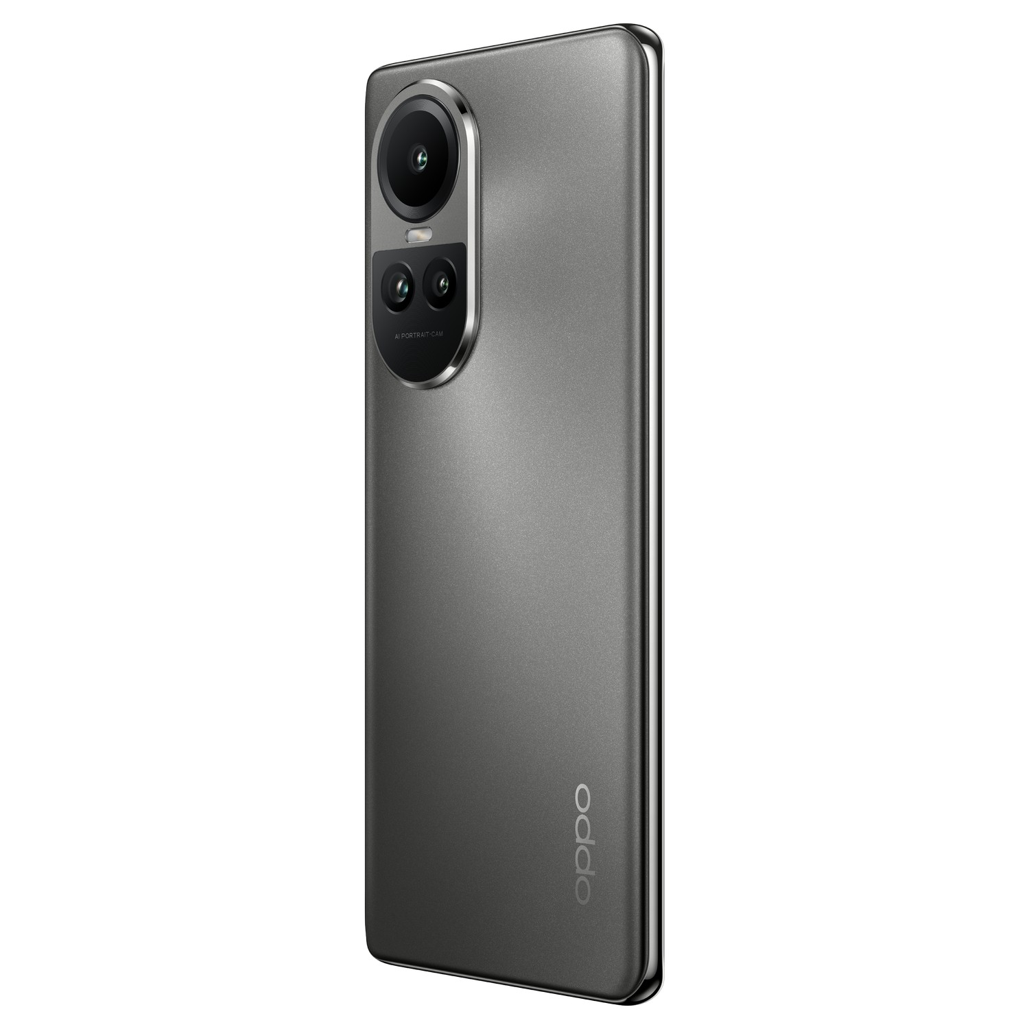 Tył szarego telefonu Oppo. Telefon ma trzy aparaty i logo Oppo.