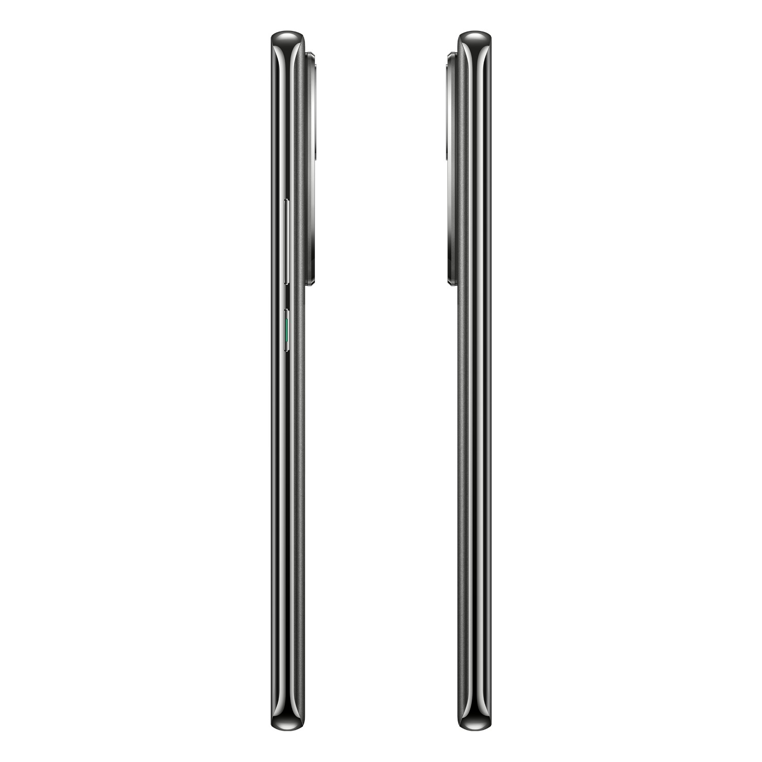 Dwa smartfony obok siebie, widok z boku. Oba są czarne.