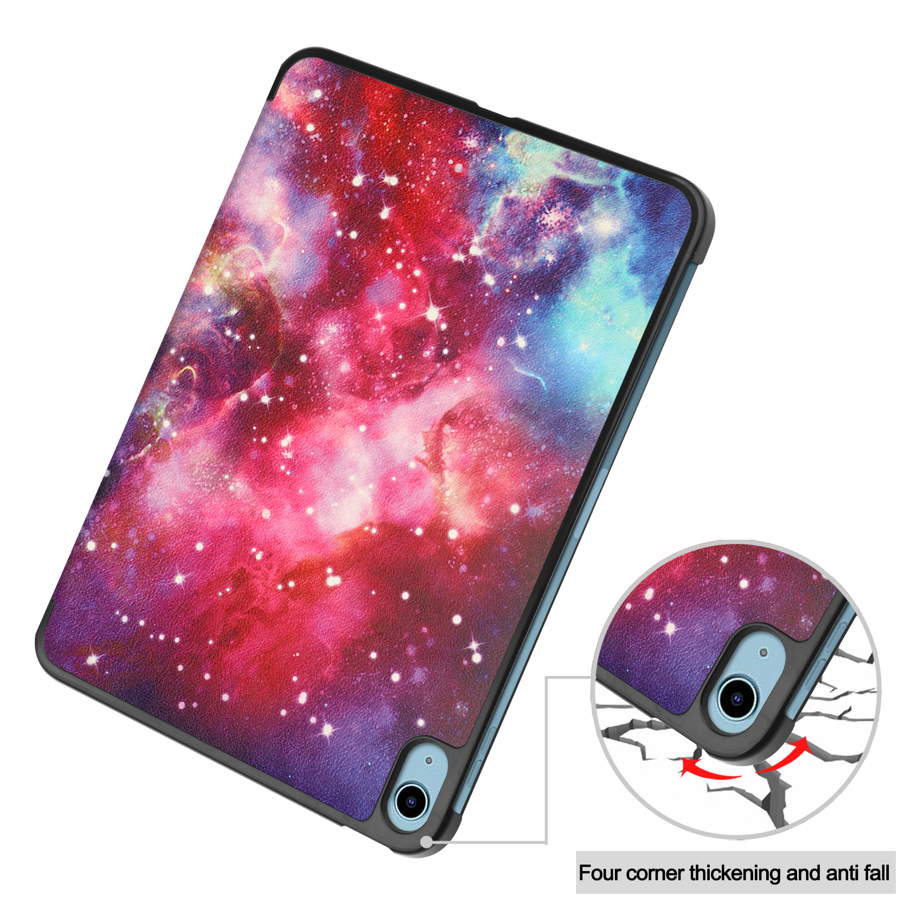 Tablet-Hülle mit Galaxie-Design. Vier Eckenschutz wird hervorgehoben.