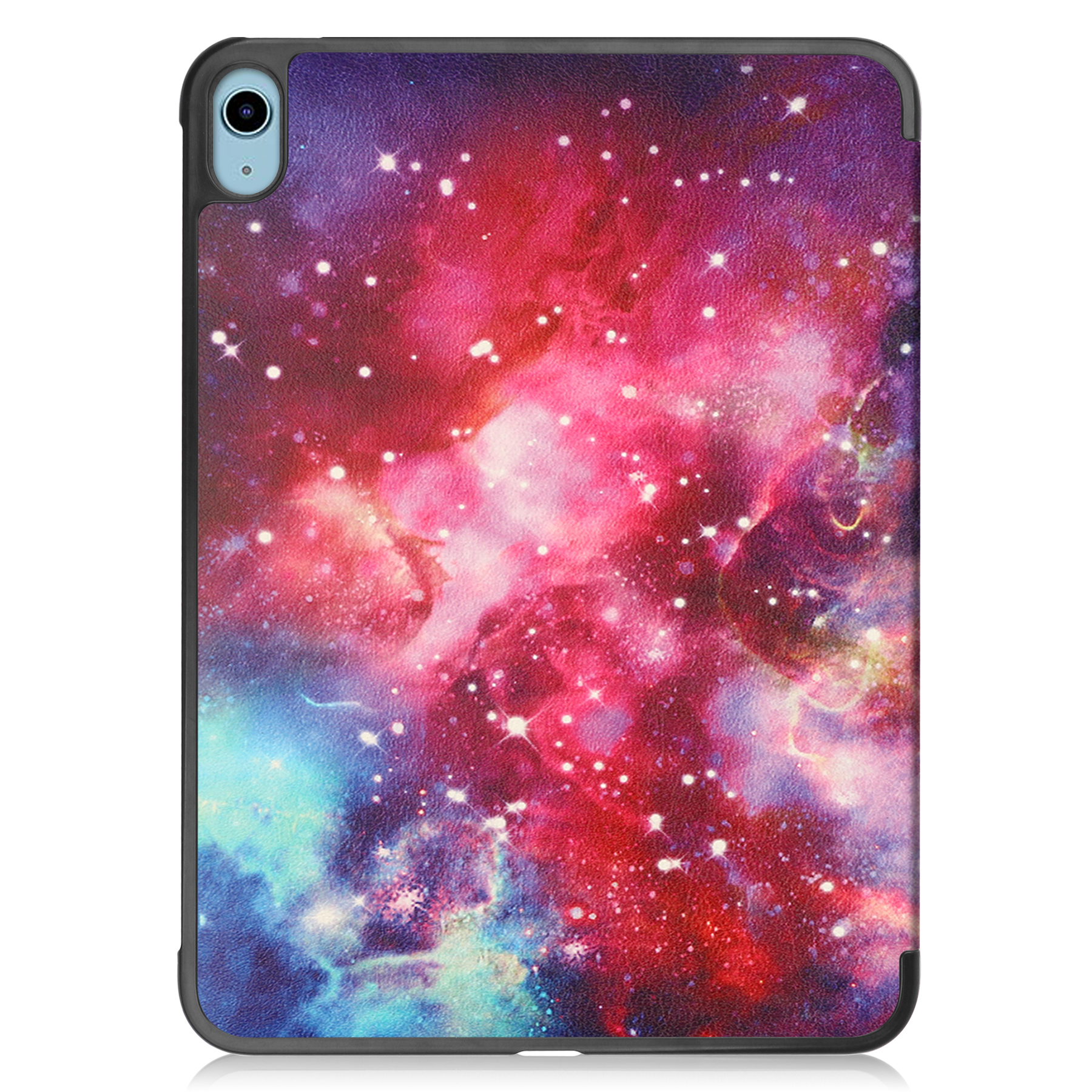 Tablet-Hülle mit Galaxie-Design, rot, lila und blauen Farben.