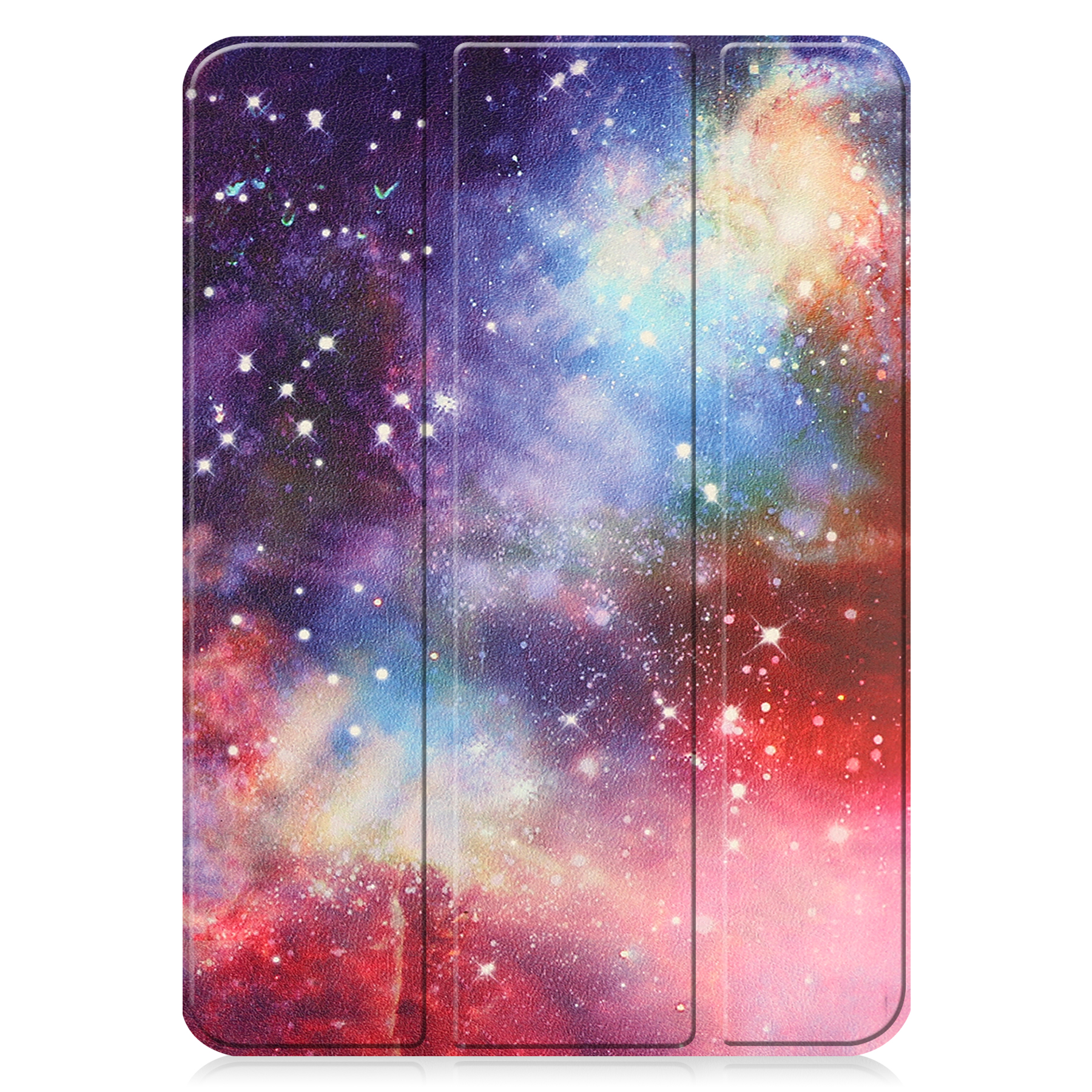 Tablettasche geöffnet, zeigt ein Galaxy-Design mit roten, violetten und blauen Farbtönen.