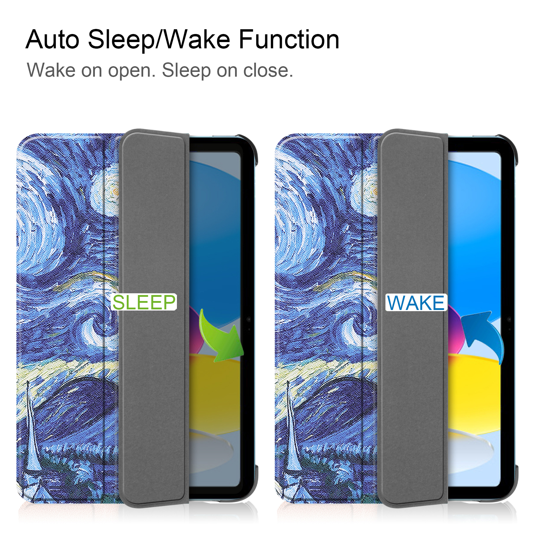 Zwei Tablet-Hüllen mit Sternennacht-Design. Eine sagt 'Sleep', die andere 'Wake', was die Funktion veranschaulicht.