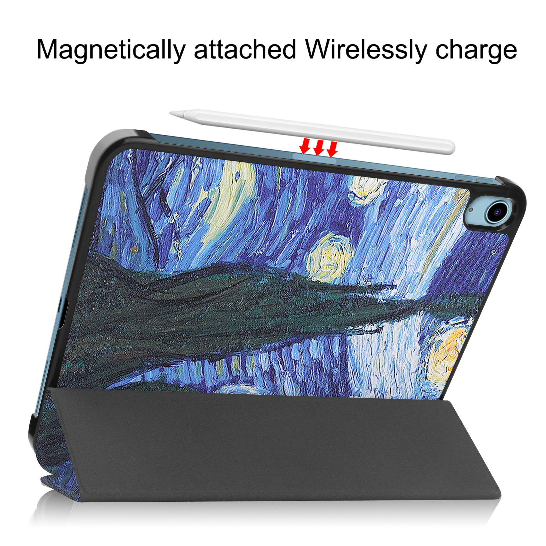 Tablethülle mit Van Gogh-Gemälde. Ein Stift wird magnetisch oben befestigt.