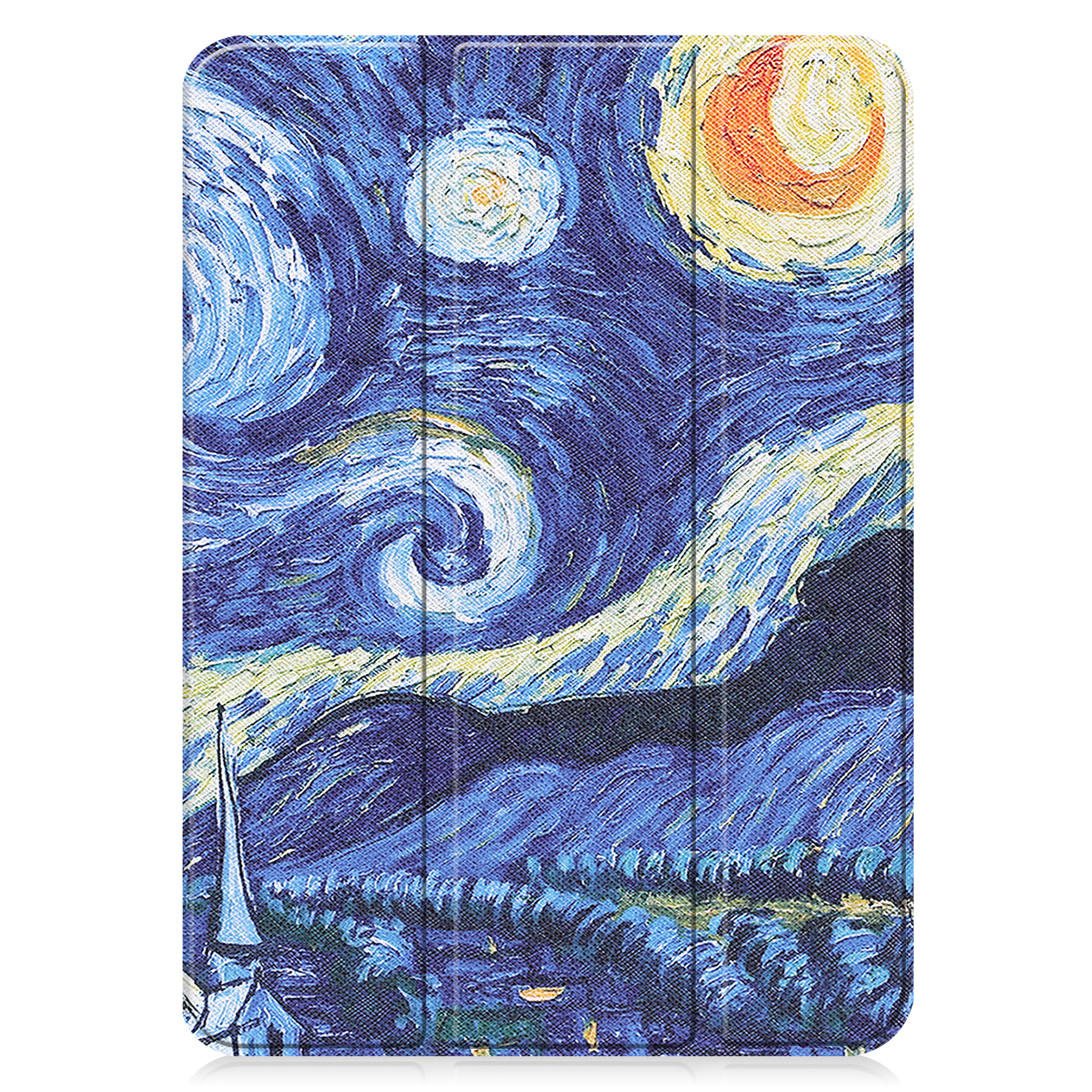 Tablethülle mit einem Sternennachtgemälde darauf. Dunkelblau, mit Kirche und Mond.