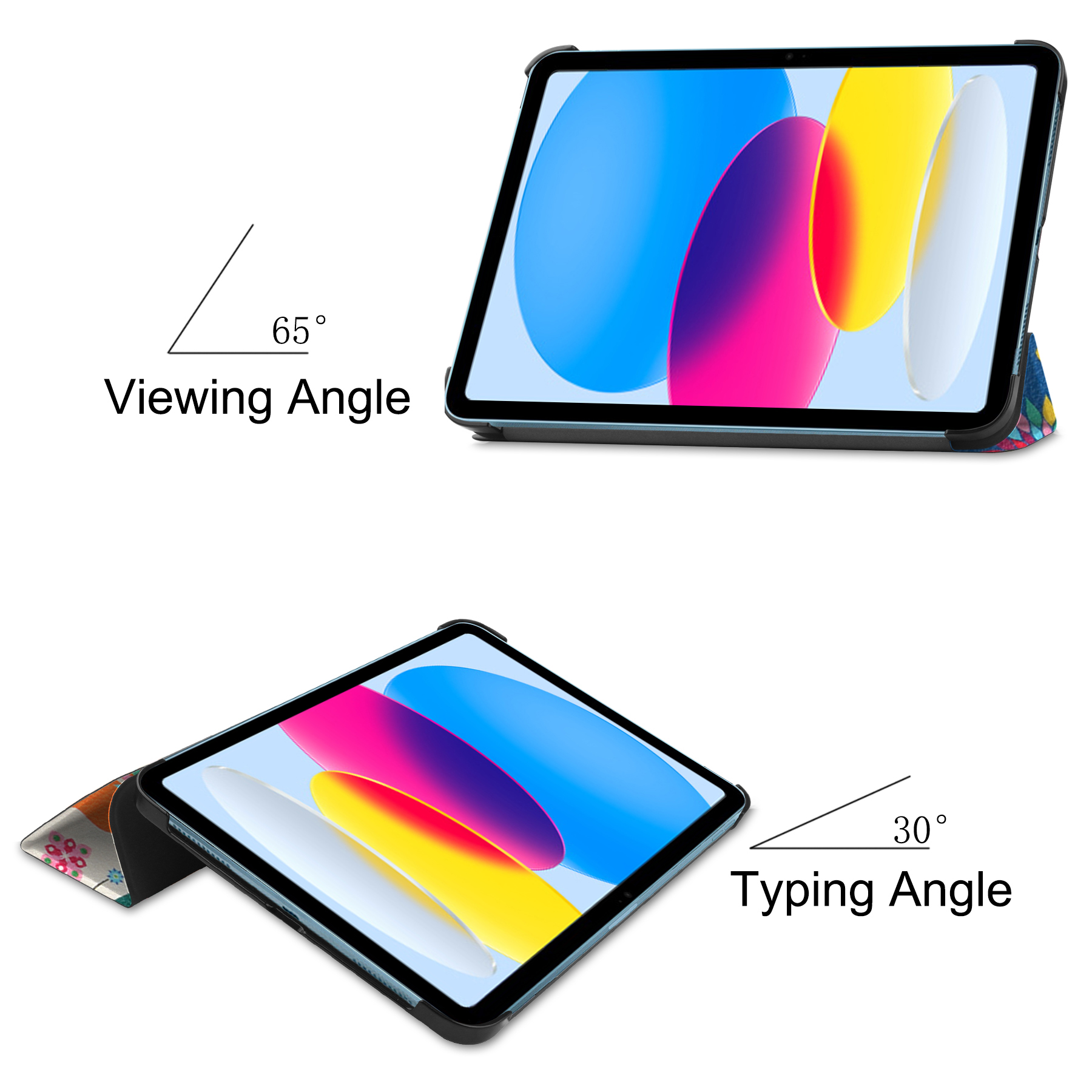 Tablet in einer blauen Hülle. Zeigt einen Betrachtungswinkel von 65 Grad und einen Schreibwinkel von 30 Grad.