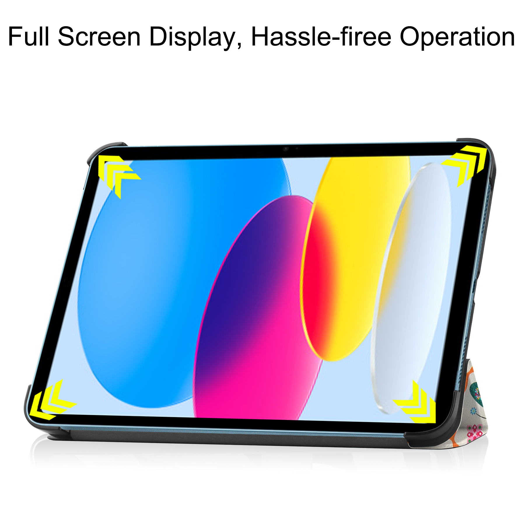 Tablet mit farbenfrohem Display, in Hülle.