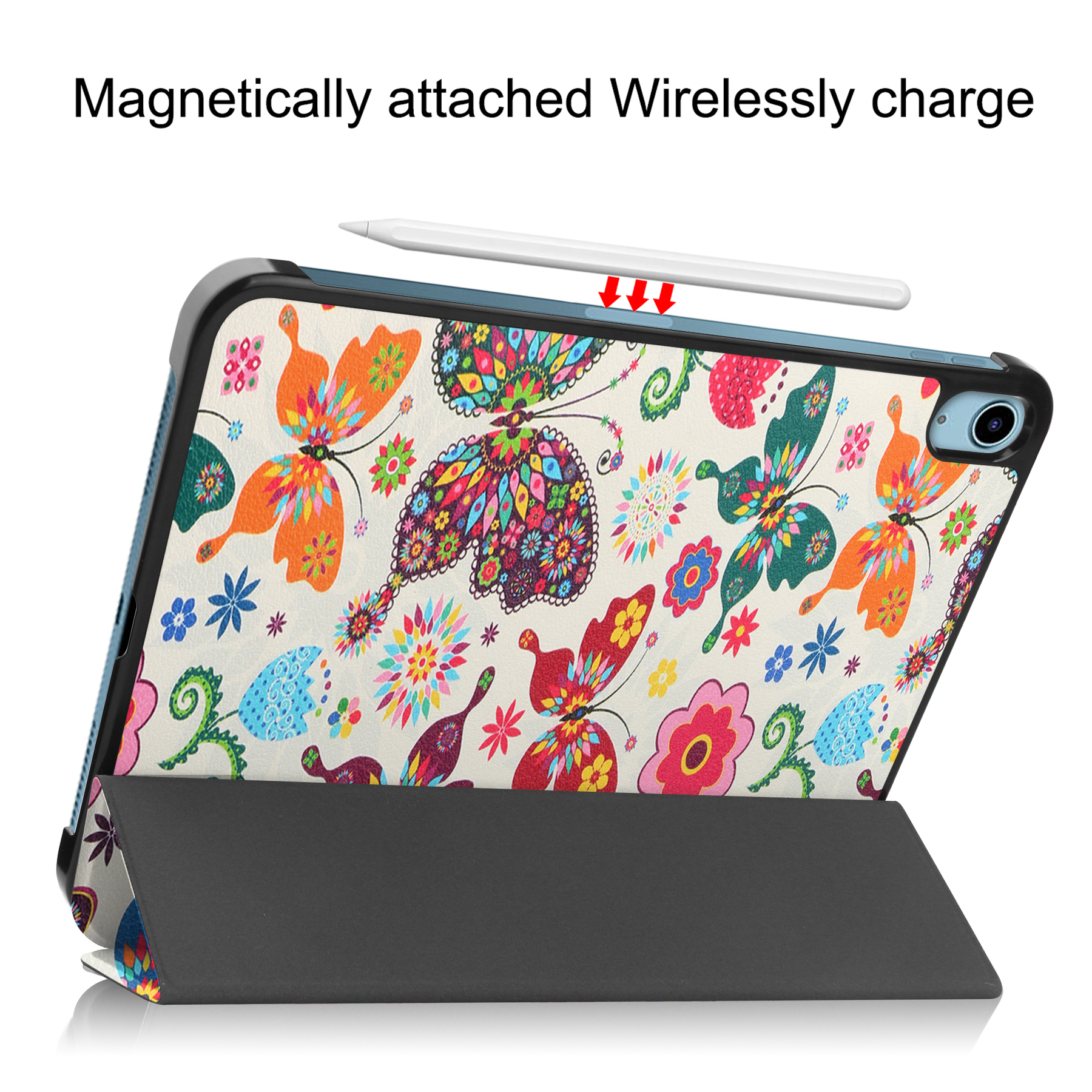 Eine bunte Tablet-Hülle mit Schmetterlingsdesign. Ein Stift ist magnetisch befestigt.