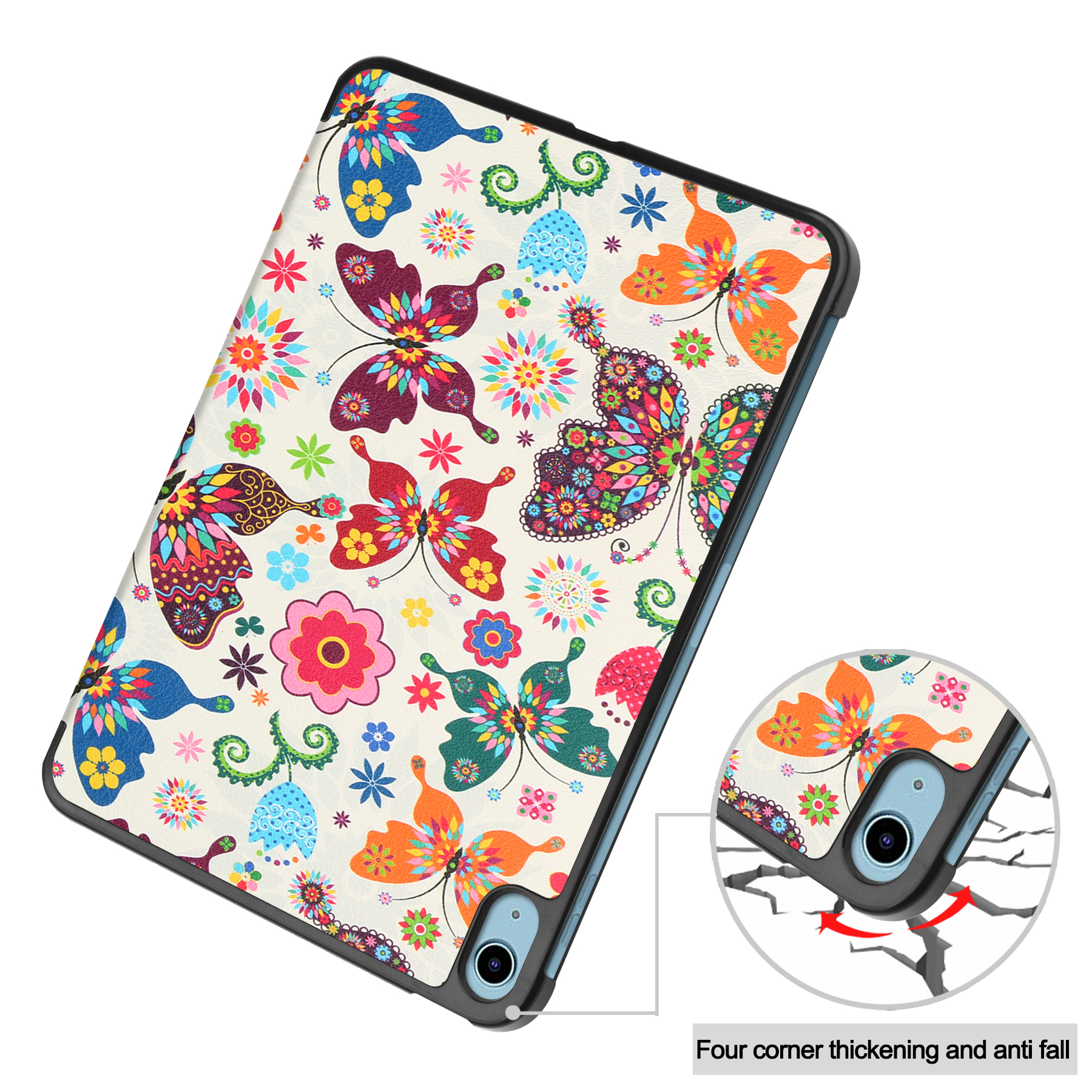 Eine Tablethülle mit bunten Schmetterlingen und Blumen. Zeigt den Eckenschutz im Detail.