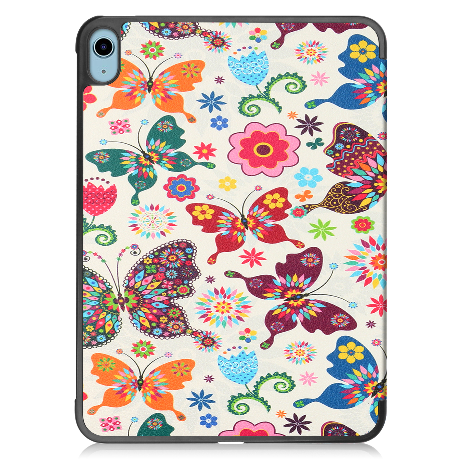 Eine Tablet-Hülle mit weißem Hintergrund, bedeckt mit bunten Schmetterlingen, Blumen und Sternen in einem Muster.