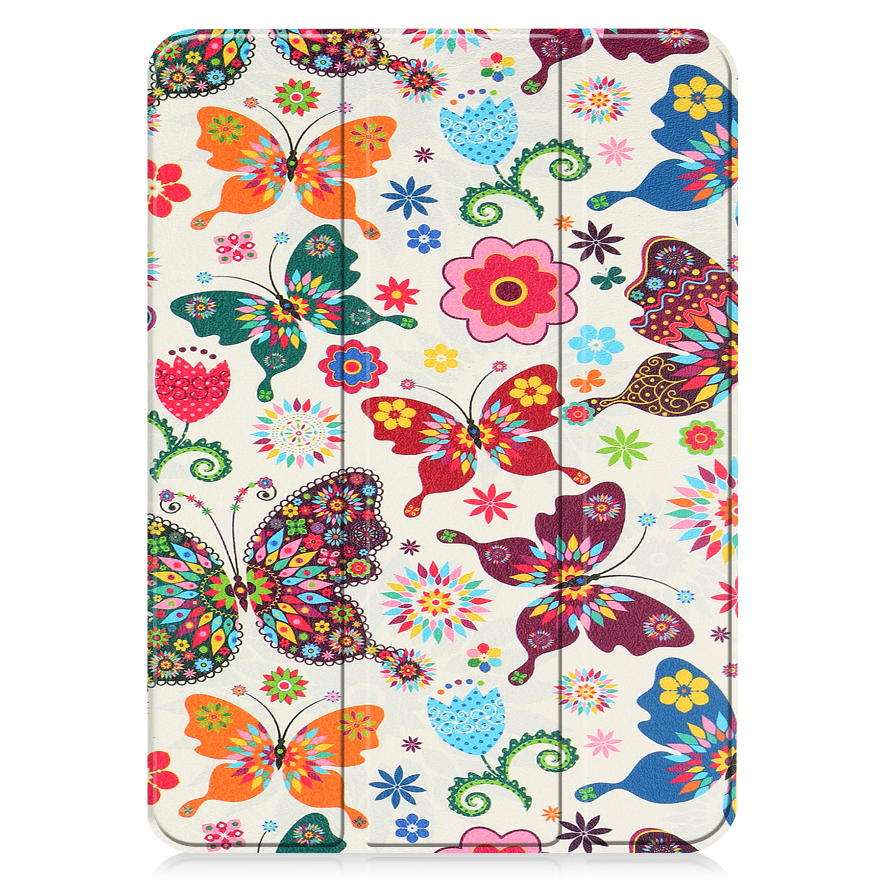 Tablethülle mit Blumen- und Schmetterlingsmuster in verschiedenen Farben.