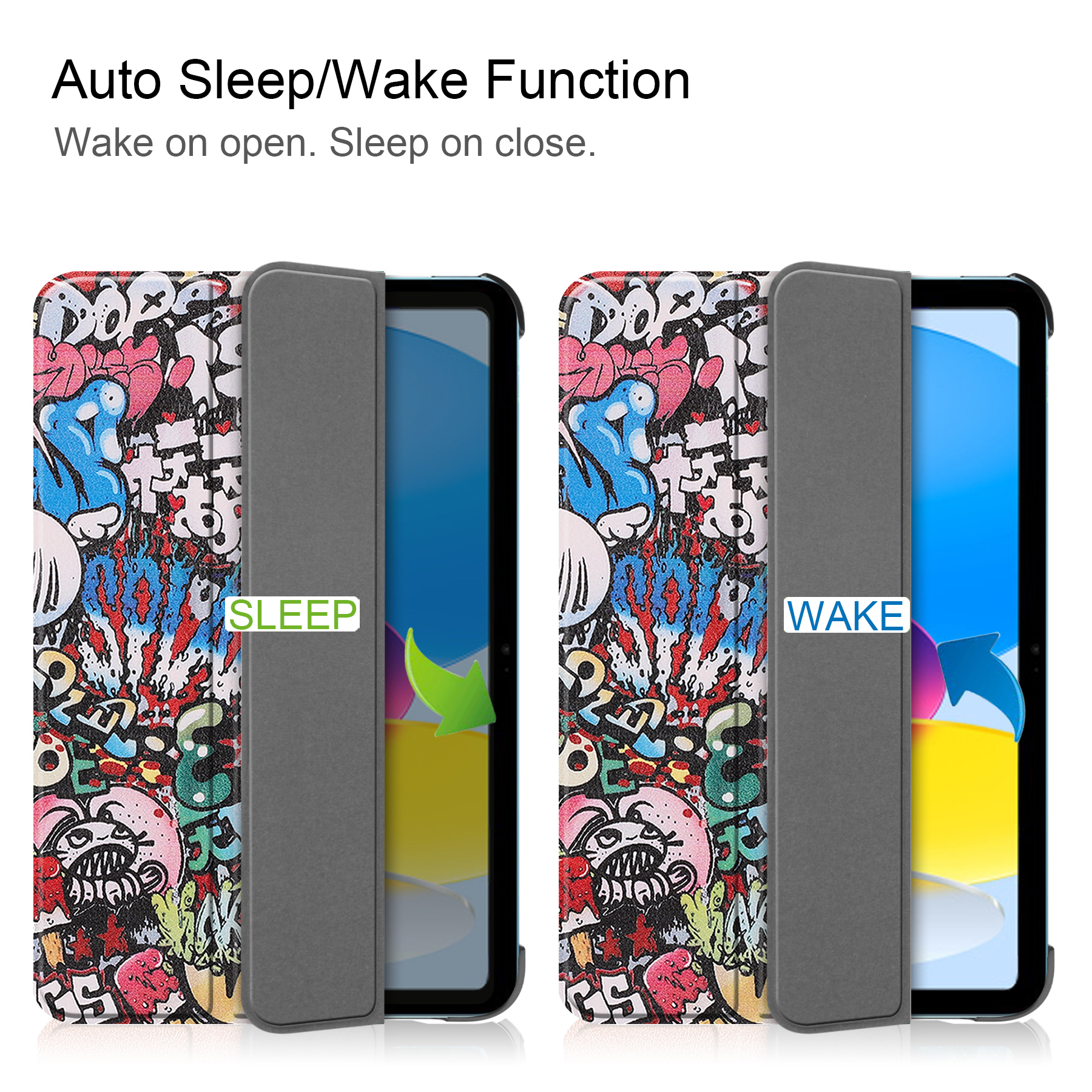 Geöffnete Tablet-Hülle, eine Seite mit 'SLEEP', die andere mit 'WAKE', mit Graffiti-Kunst innen.
