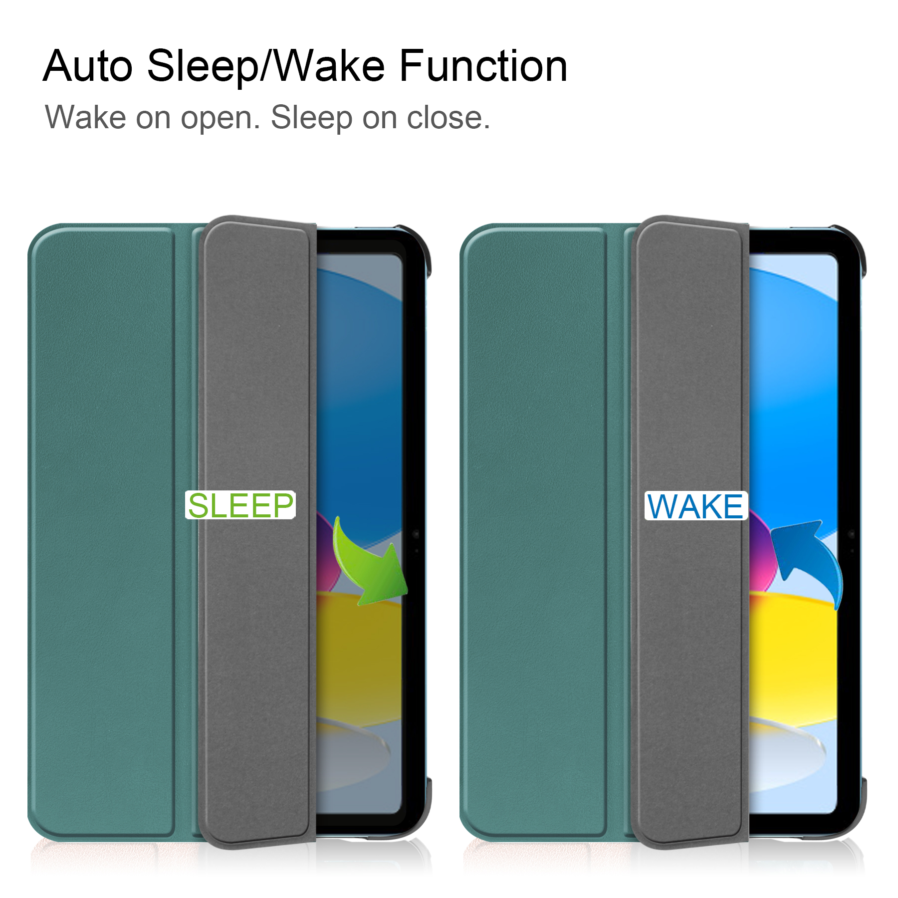 Eine Tablet-Hülle, offen, mit den Wörtern 'Sleep' und 'Wake' und der Aktion in der Hülle gezeigt.