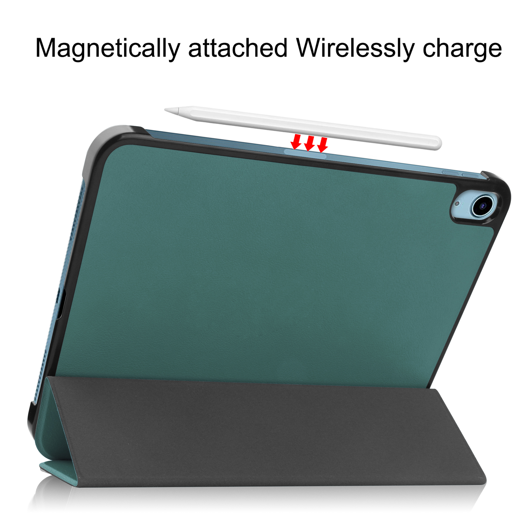 Ein Tablet in einem türkisfarbenen Case mit einem Stift, der magnetisch befestigt ist.