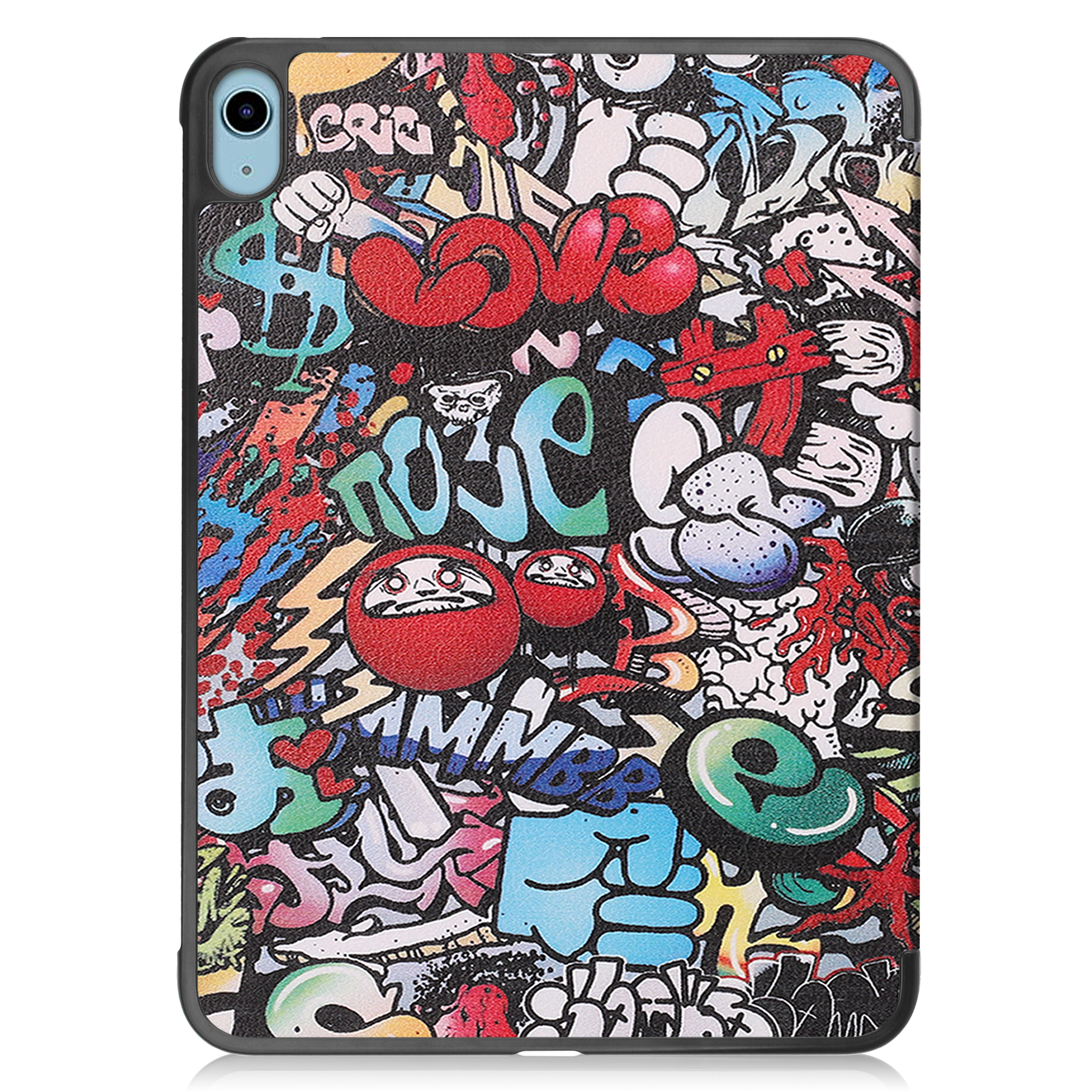 Eine iPad-Hülle mit bunter Graffiti-Kunst, die die Rückseite des iPads mit verschiedenen Graffiti-Designs und Text zeigt.