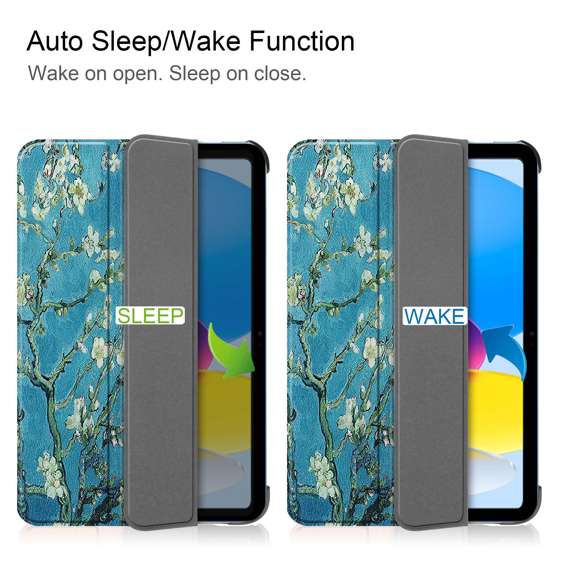 Zwei Tablet-Hüllen, eine offen mit 'SLEEP', die andere 'WAKE', beide mit floralem Design.