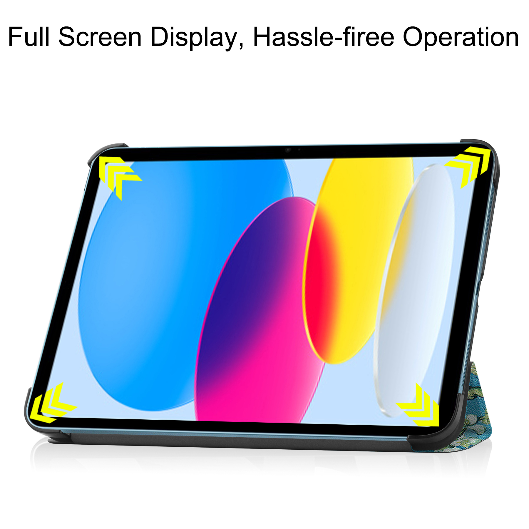 Tablet in einer Hülle mit farbenfrohem Display, Pfeile zeigen auf die Bildschirmränder.