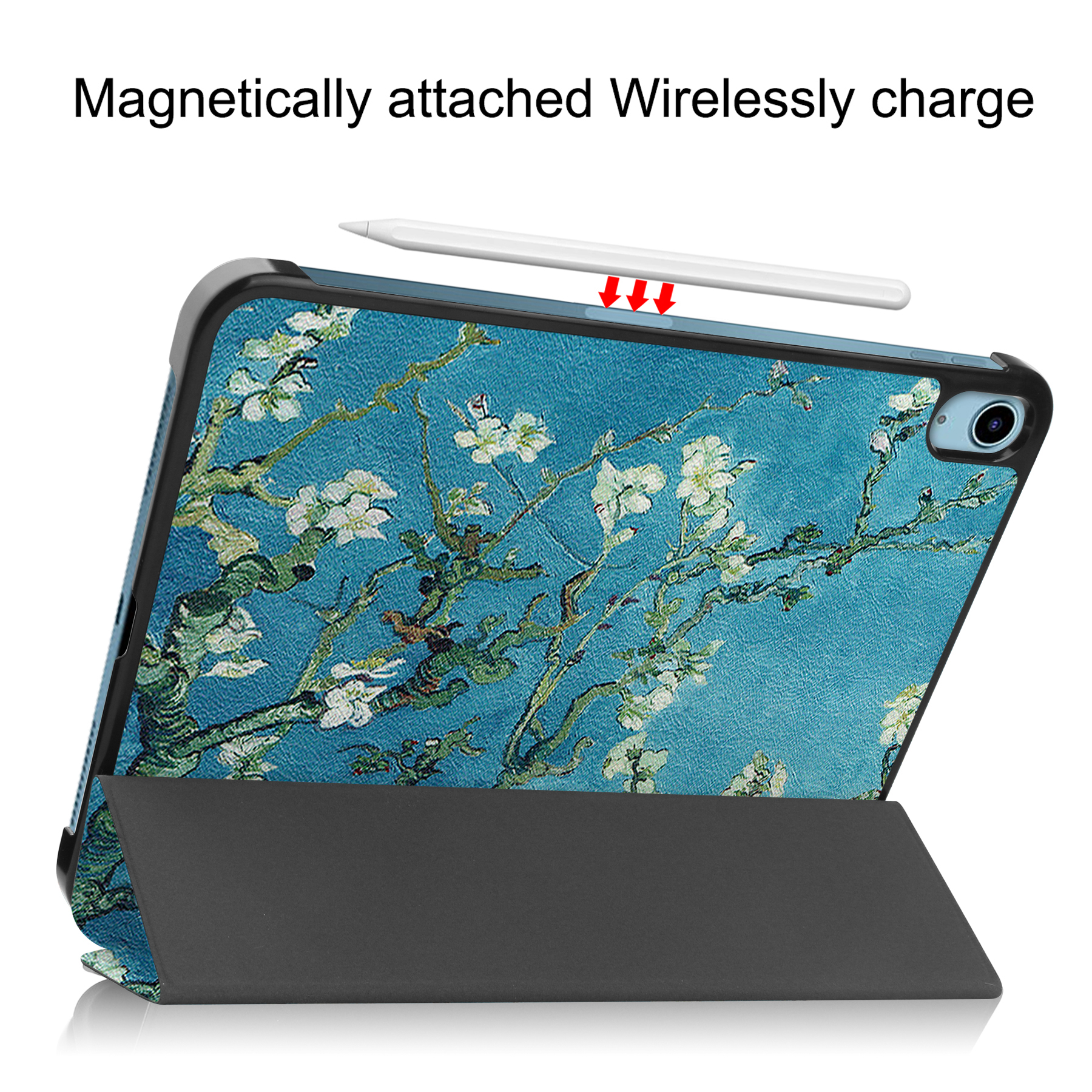 Tablet mit floralem Gehäuse, Stift wird geladen. Der Bildschirm zeigt ein Van-Gogh-Gemälde.