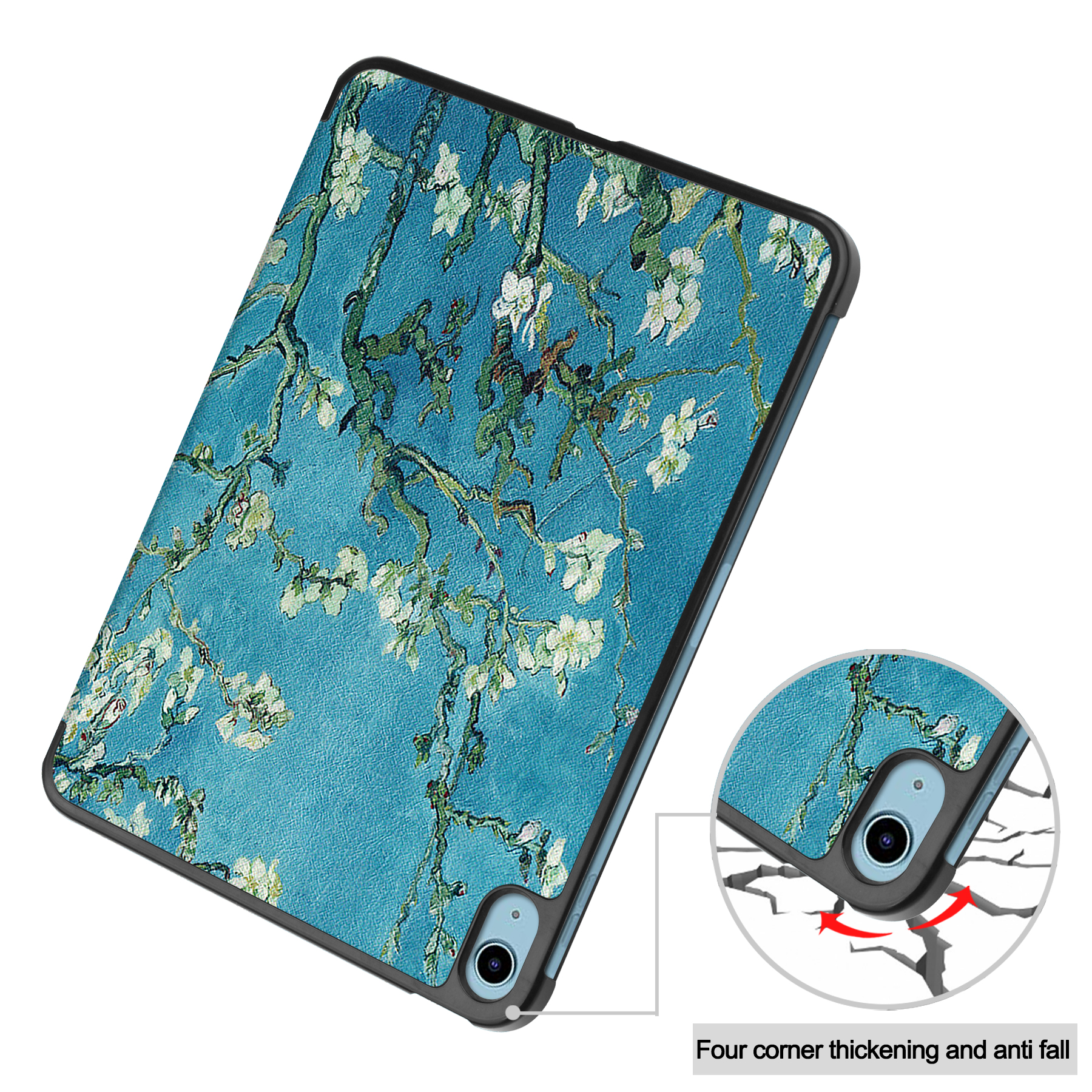Eine iPad-Hülle mit floralem Design und ein eingesetztes Bild mit Anti-Fall-Details.