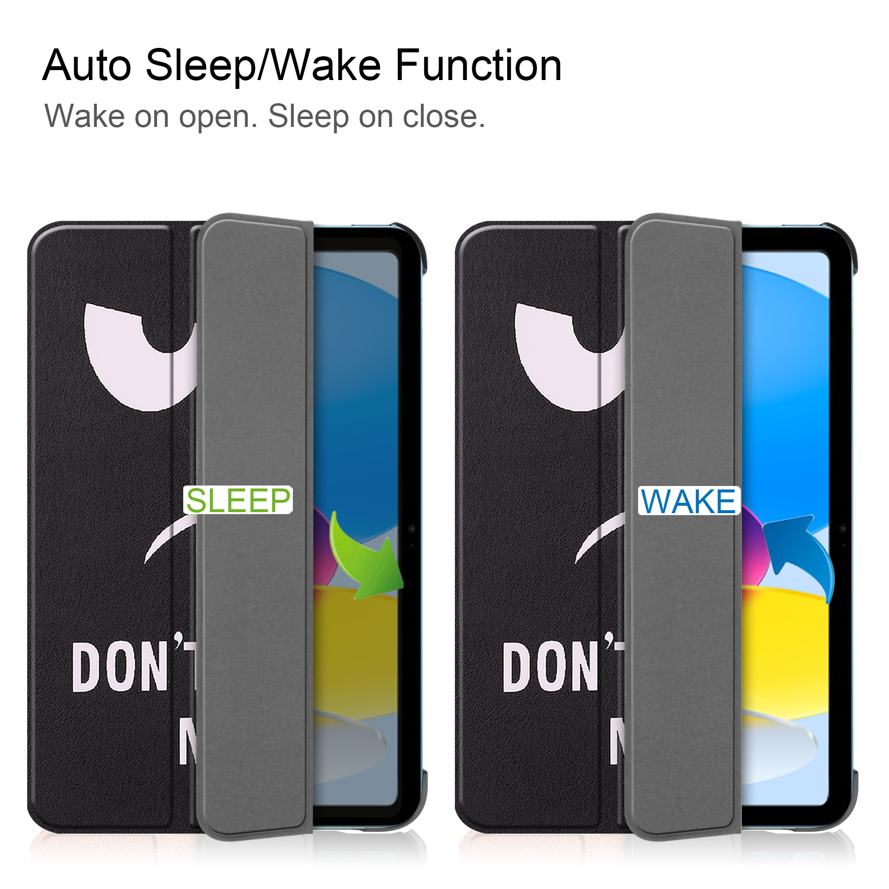 Zwei Tablet-Hüllen, eine geöffnet mit 'Wake', die andere geschlossen mit 'Sleep'.