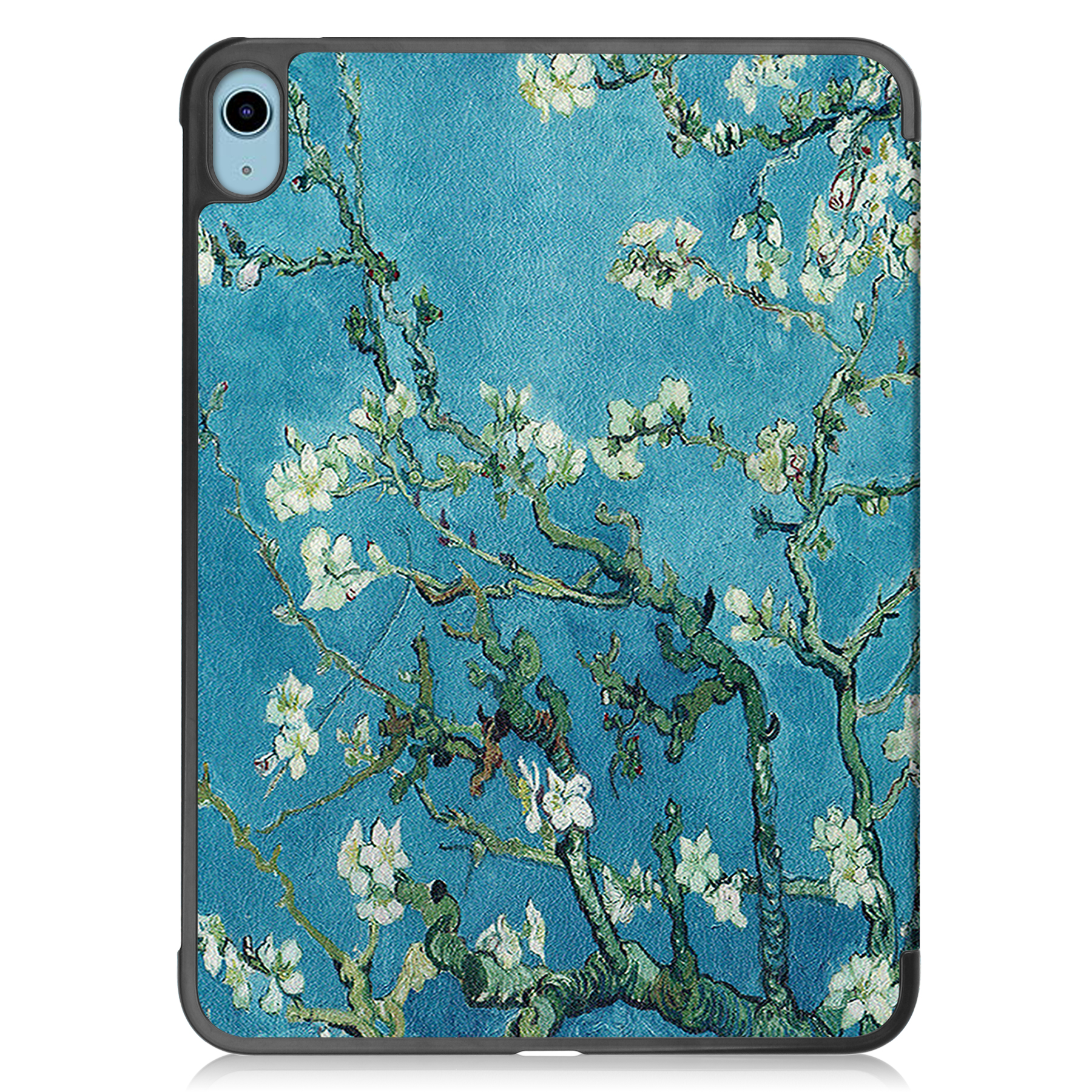 Tablethülle mit einem Gemälde eines Baumes mit weißen Blumen auf blauem Hintergrund.
