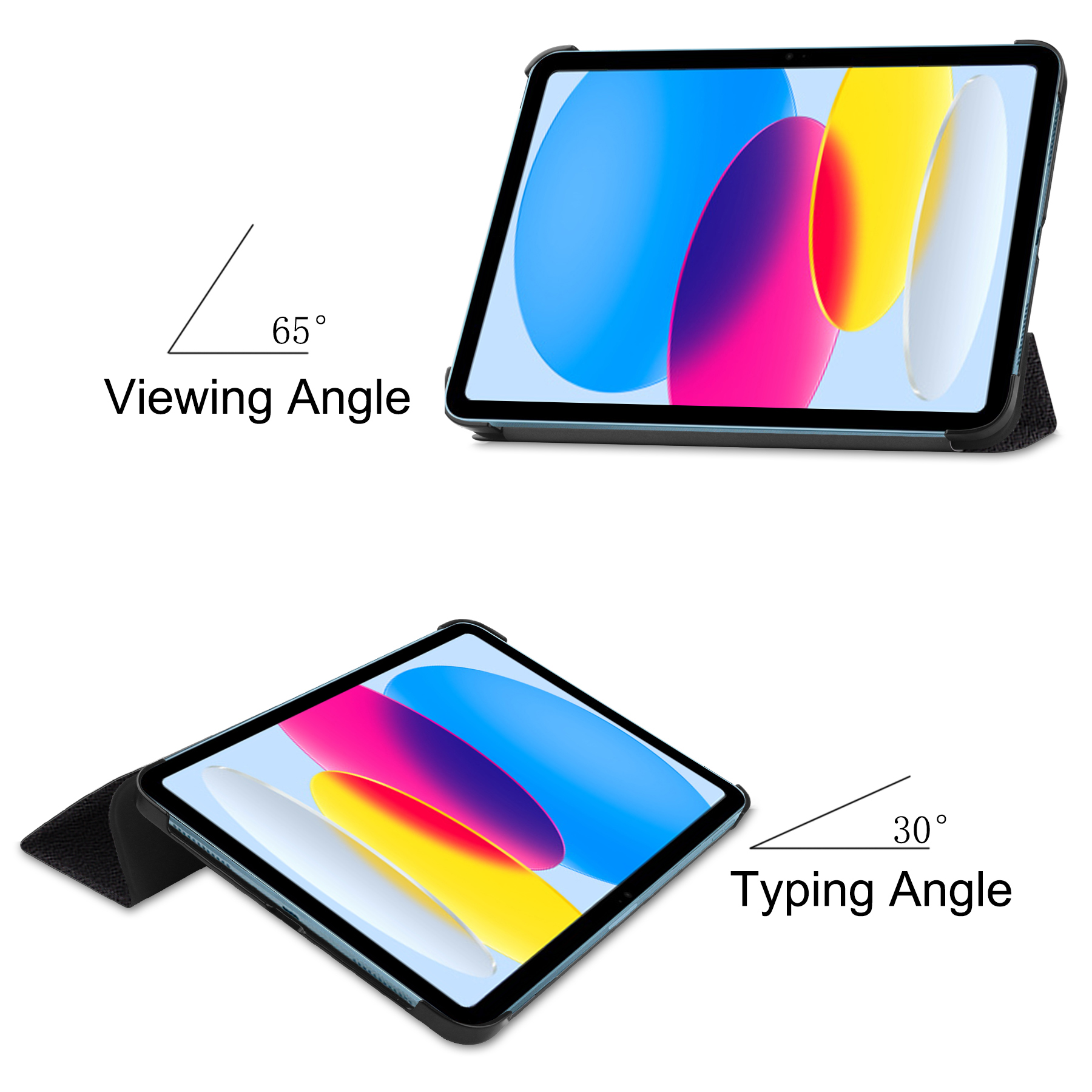 Tablet in Hülle, 65 Grad Betrachtungswinkel, 30 Grad Tippwinkel. Weißer Hintergrund.