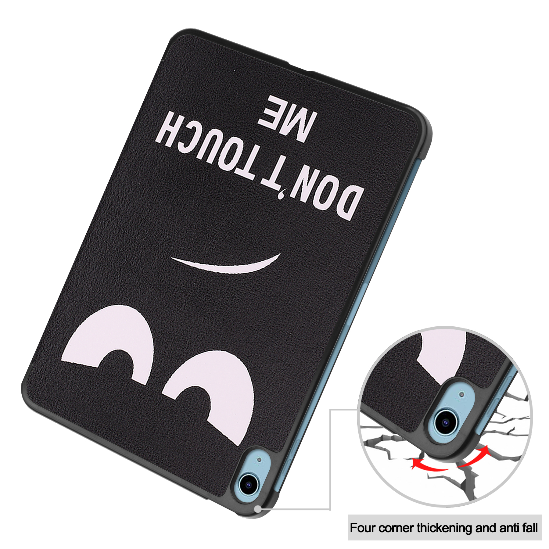 Schwarze Tablet-Hülle mit Smiley-Design. Text: DON'T TOUCH ME. Nahaufnahme der Ecke.