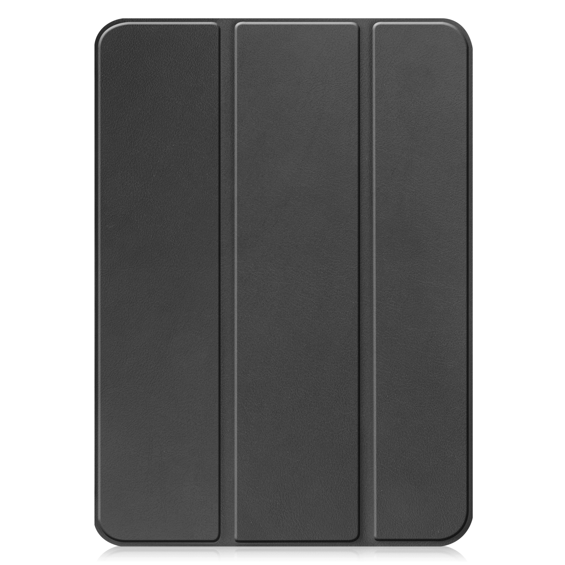 Schwarze Tablethülle, gefaltet. Drei vertikale Abschnitte sichtbar. Glattes, strukturiertes Material.