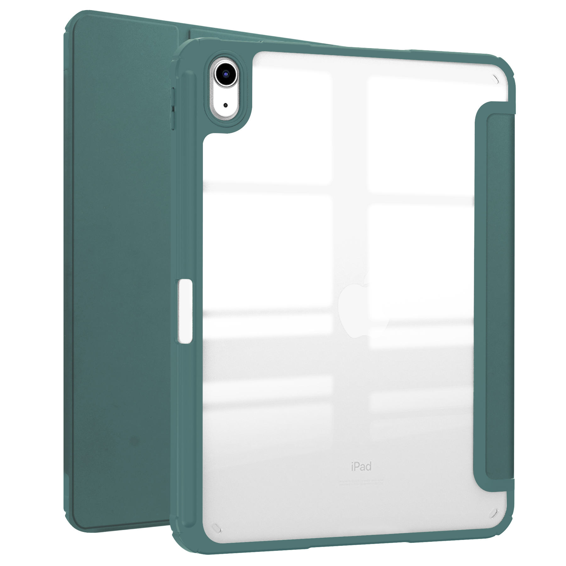 Grüne iPad-Hülle mit durchsichtigem Rücken. Das iPad-Logo ist sichtbar.