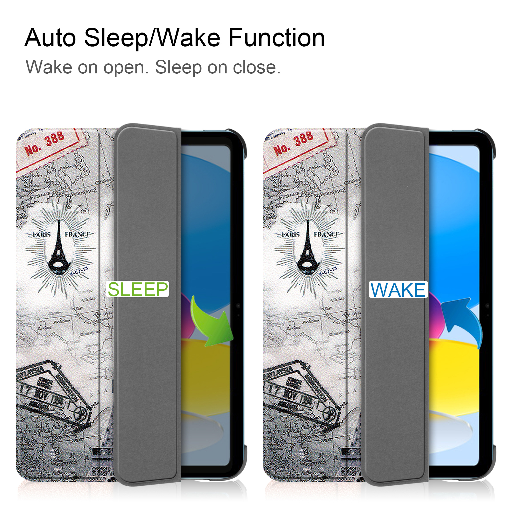 Zwei Tablethüllen, offen und geschlossen, zeigen Karten und den Eiffelturm. Text: "SLEEP" und "WAKE".