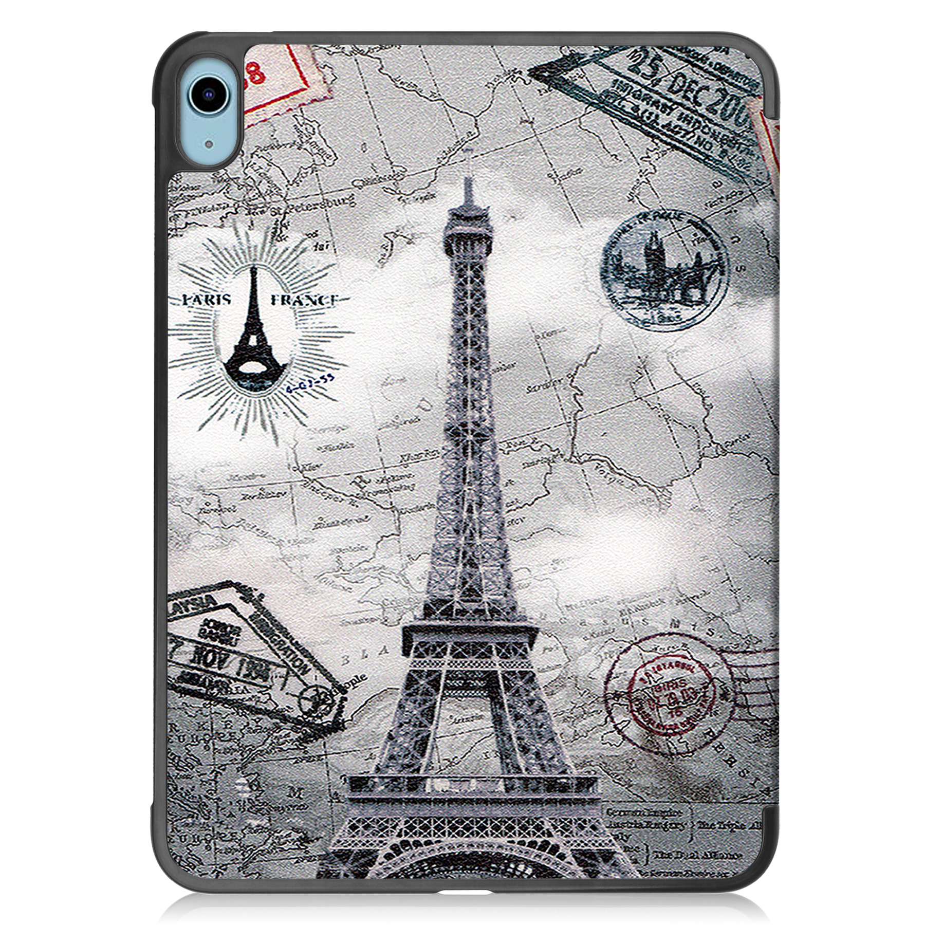 Tablethülle mit einer Karte von Paris und dem Eiffelturm. Briefmarken und ein schwarzer Rand sind sichtbar.