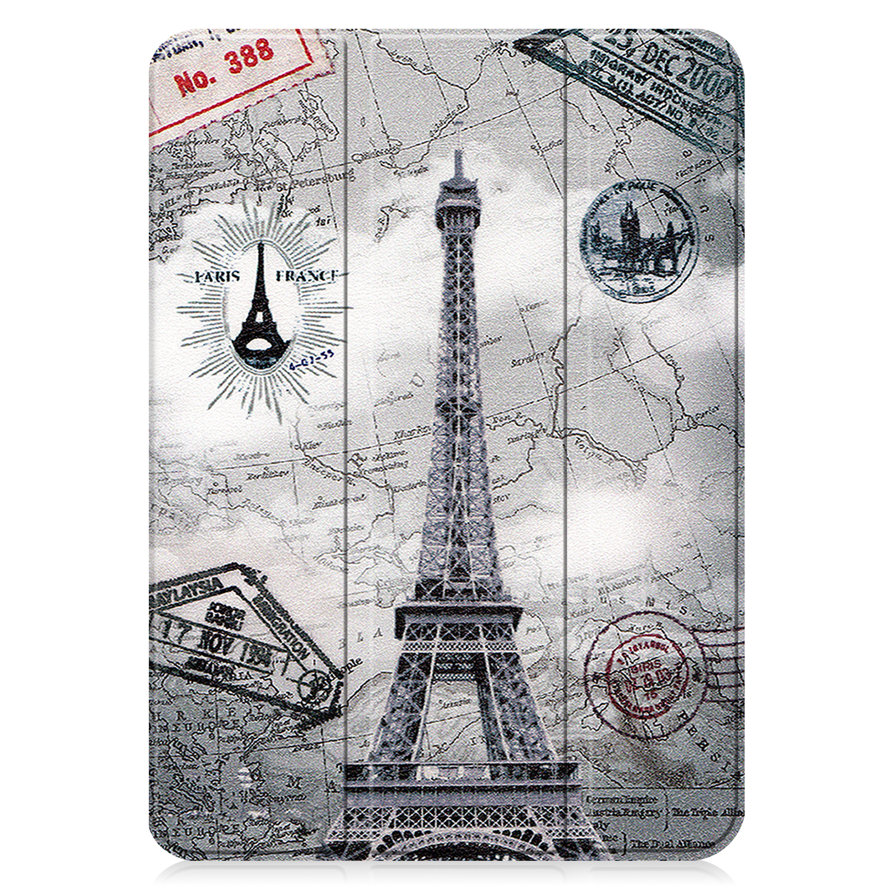 Tablettasche mit Paris-Motiv mit Eiffelturm und Briefmarken.