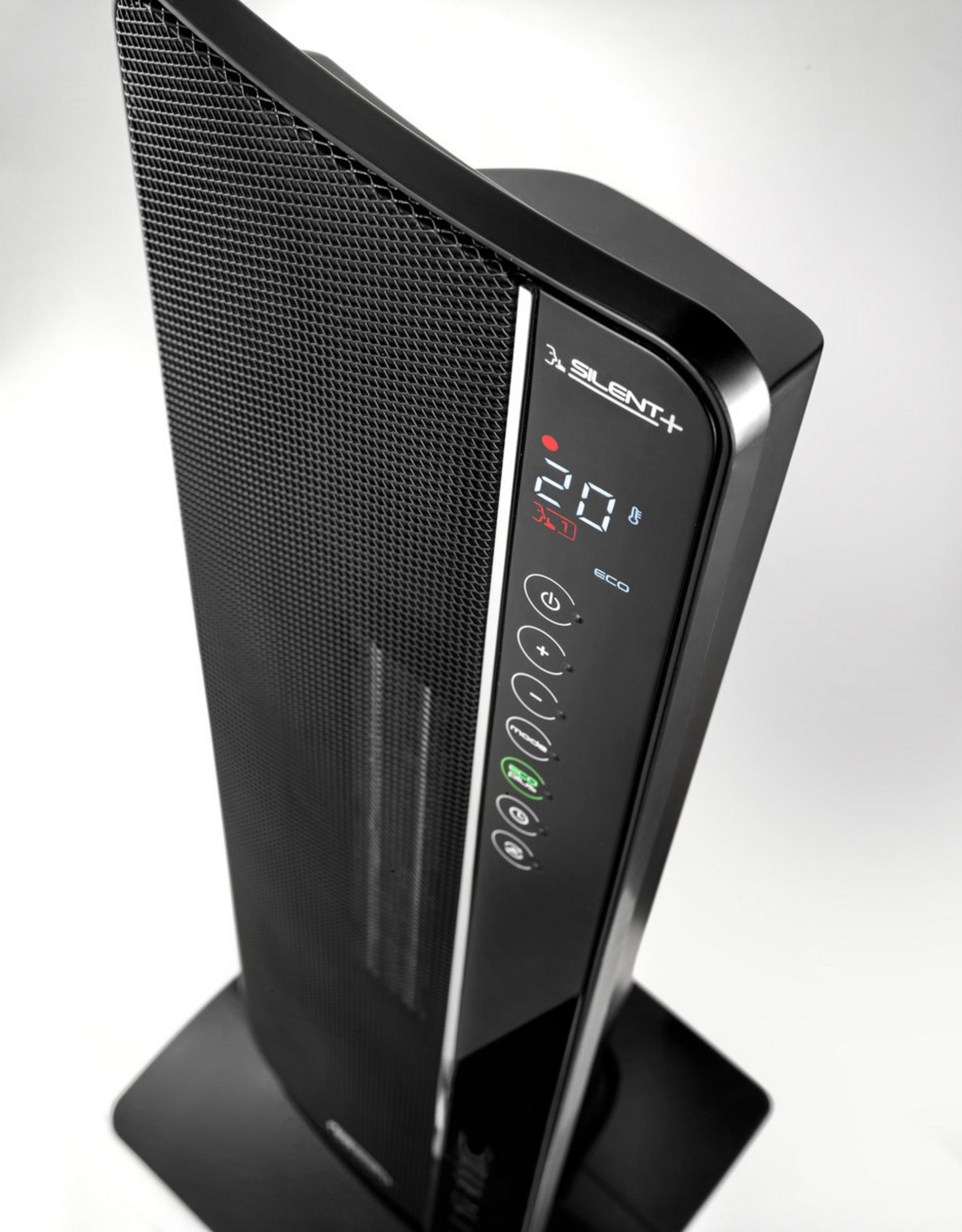 Czarny, nowoczesny grzejnik elektryczny. Posiada cyfrowy wyświetlacz z przyciskami po prawej stronie.