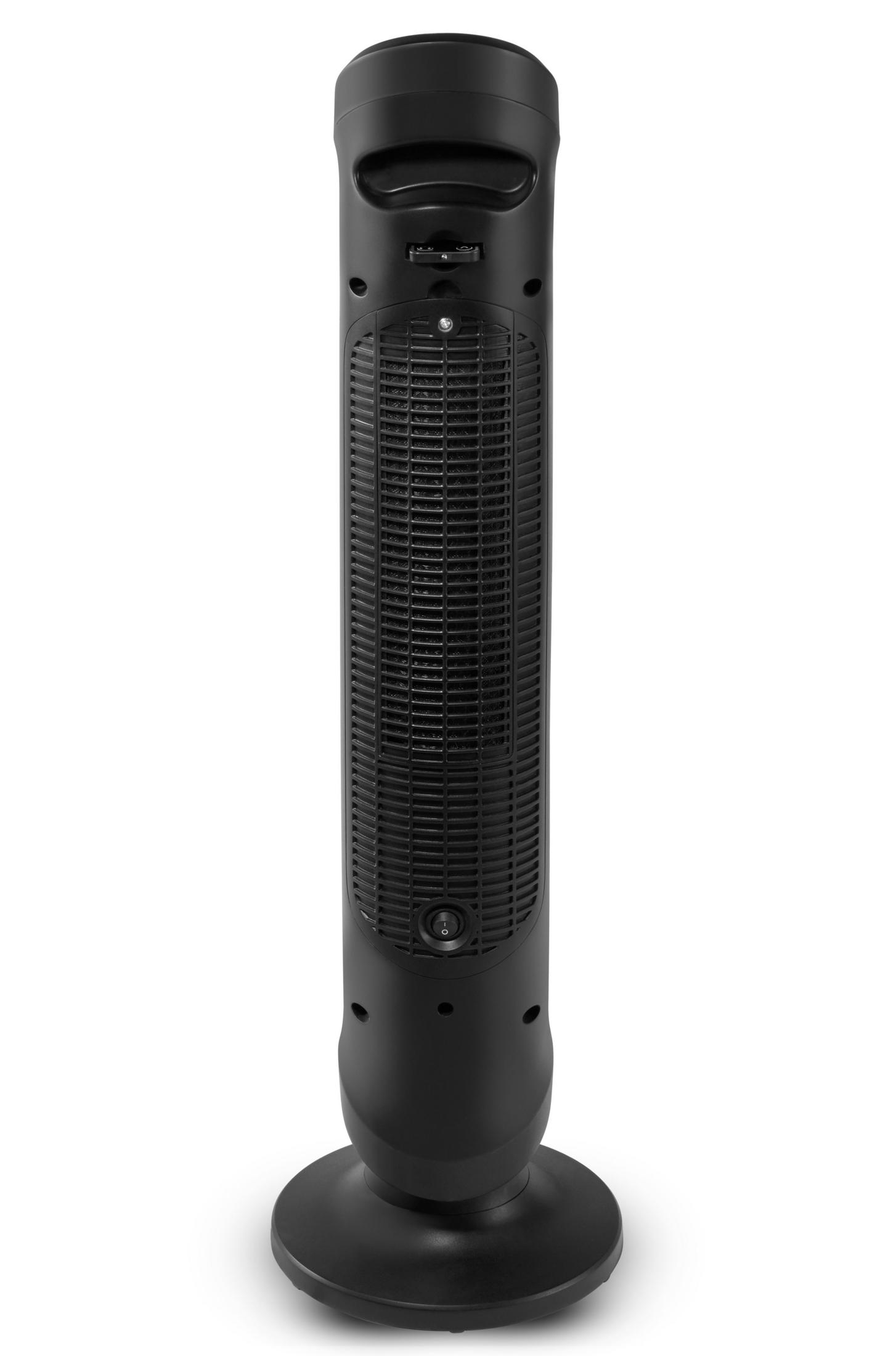 Wysoki, czarny wentylator wieżowy z podstawą. Ma kratkę i panel sterowania.