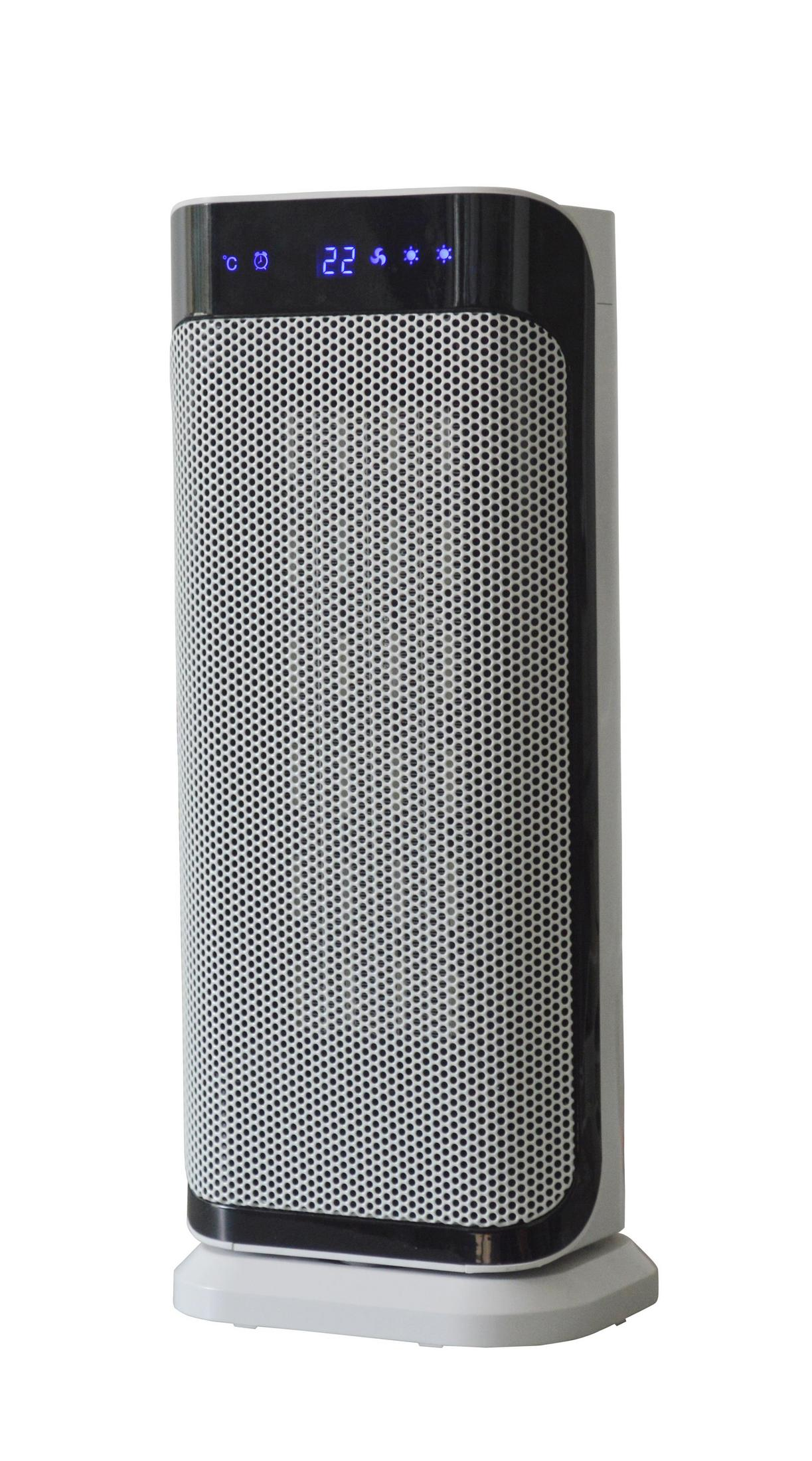 Schwarz-weißer Turm-Luftreiniger mit Display, das Temperatur und Einstellungen anzeigt.