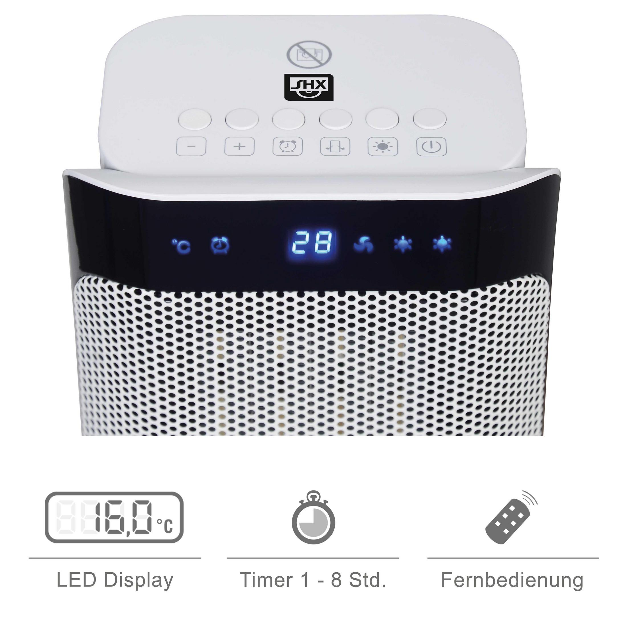 Ein weiß-schwarzer Elektroheizer mit Digitalanzeige und Bedientasten.