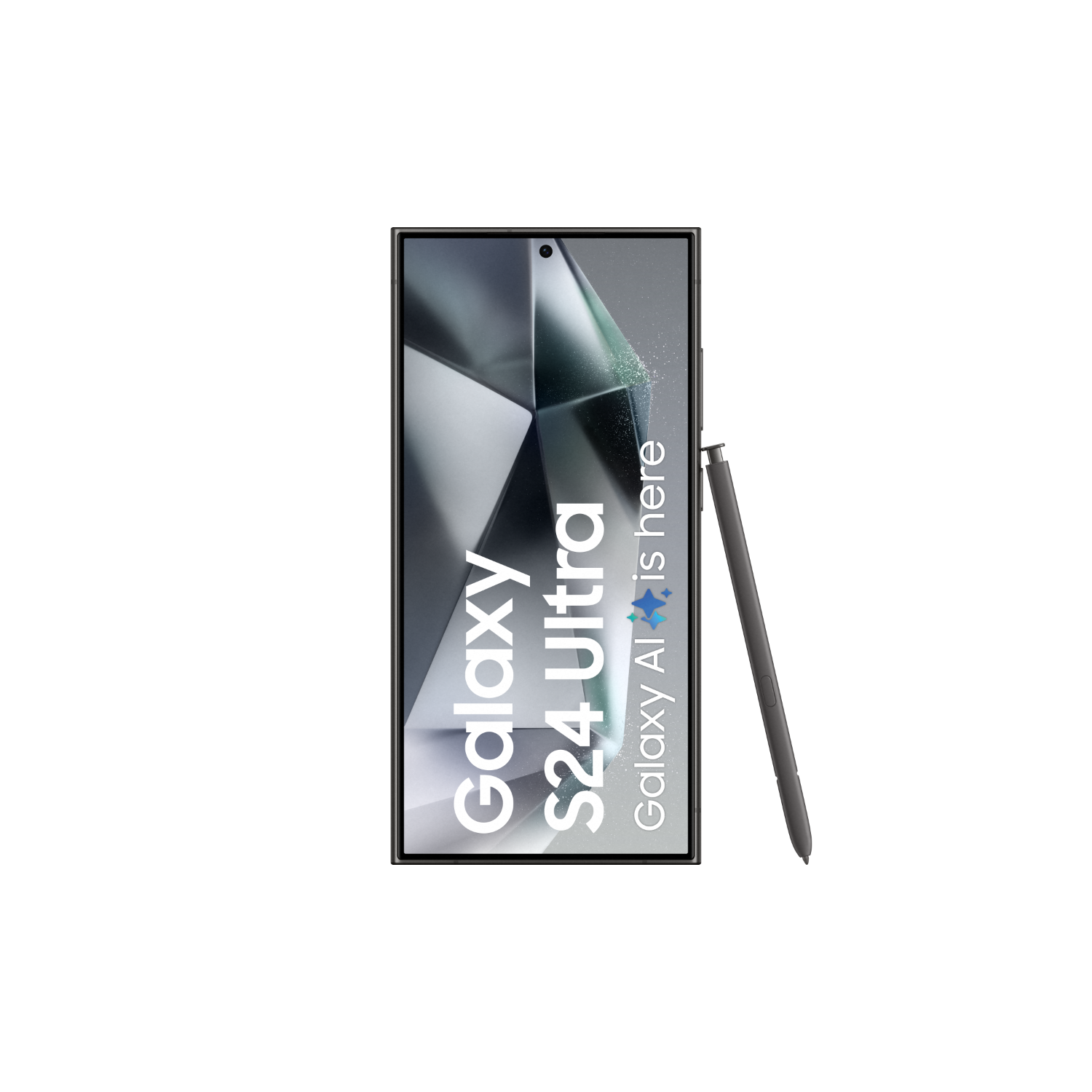 Czarny telefon. Ekran pokazuje Galaxy S24 Ultra. Rysik po prawej stronie.