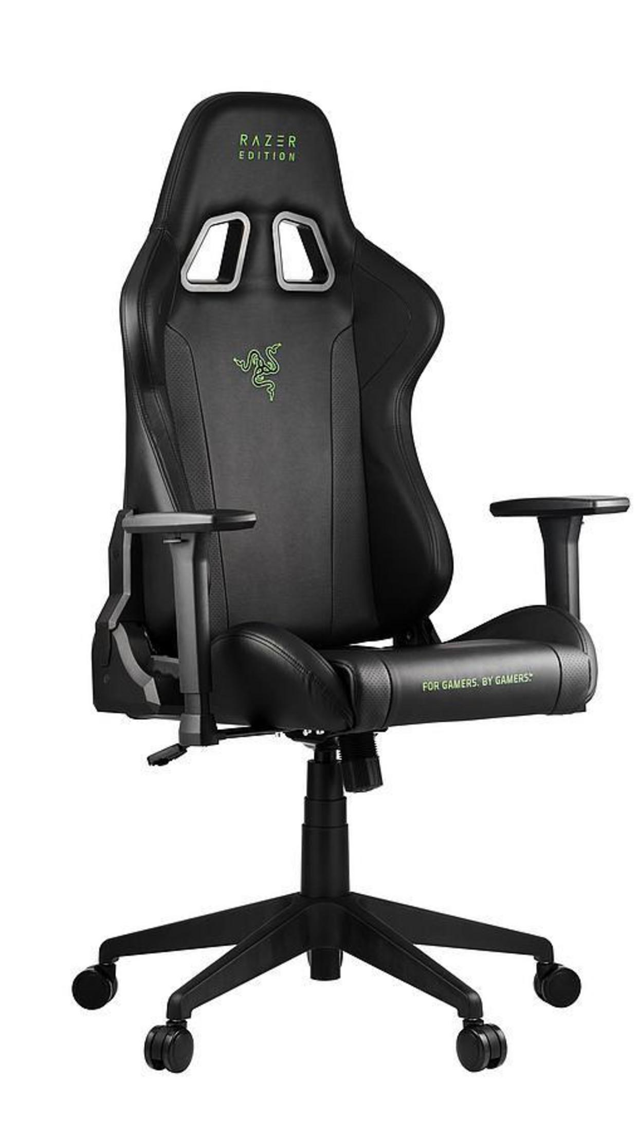 Schwarzer Razer Gaming-Stuhl. Er hat eine schwarze Basis und ein grünes Razer-Logo.