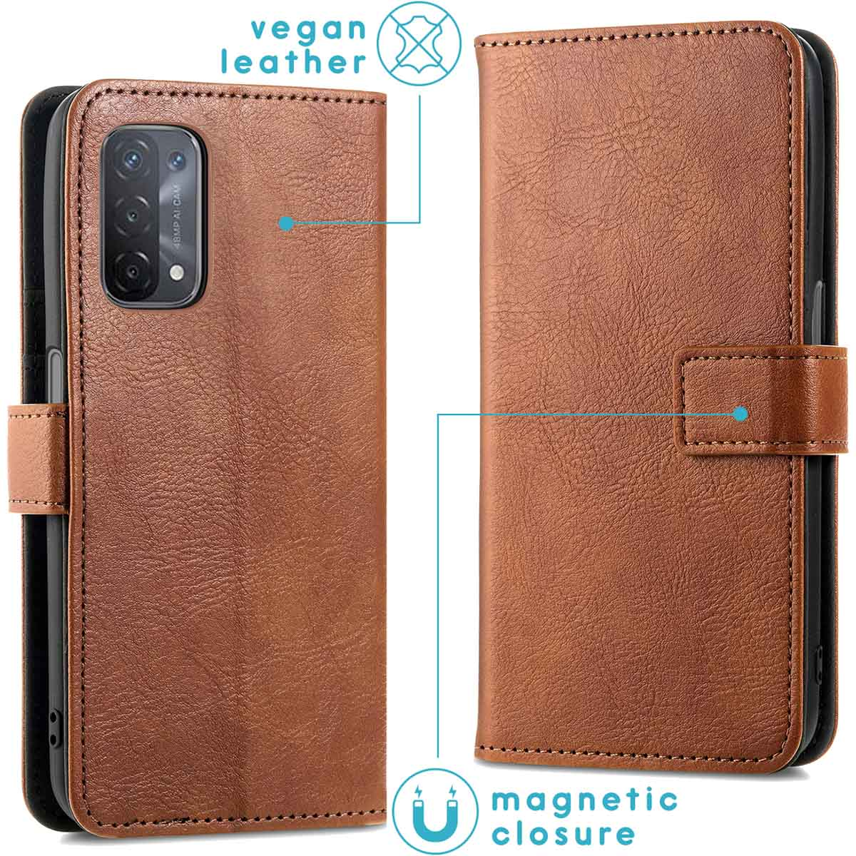 Étui de téléphone en cuir végétal marron, ouvert et fermé, avec fermeture magnétique.