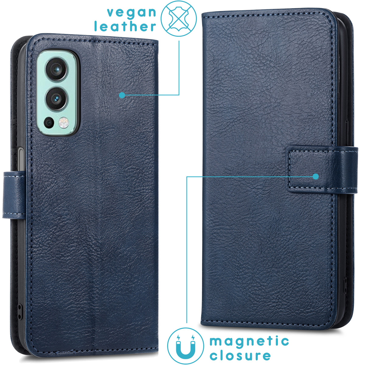 Donkerblauw vegan lederen flipcase voor smartphone met magneetsluiting.