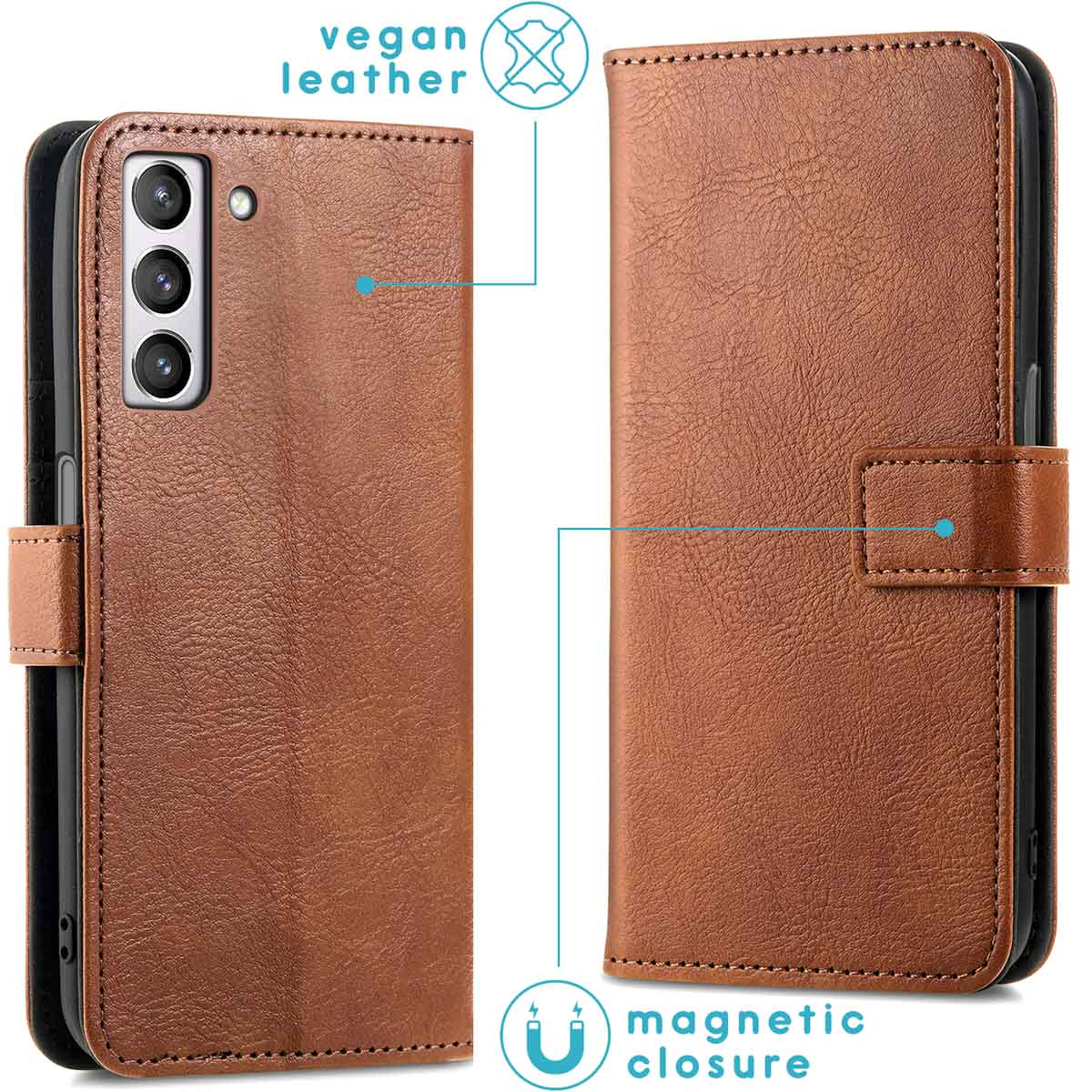 Bruine vegan leren telefoonhoes met magnetische sluiting en camera-uitsparing.