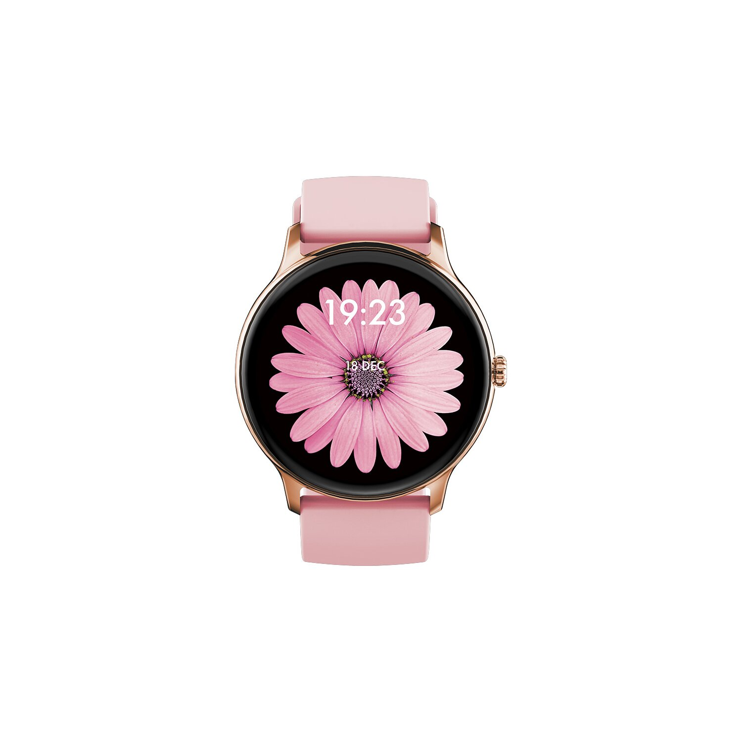 Eine pinke Smartwatch mit einer rosa Blume auf dem Bildschirm. Die Uhrzeit ist 19:23, der 18. Dezember.