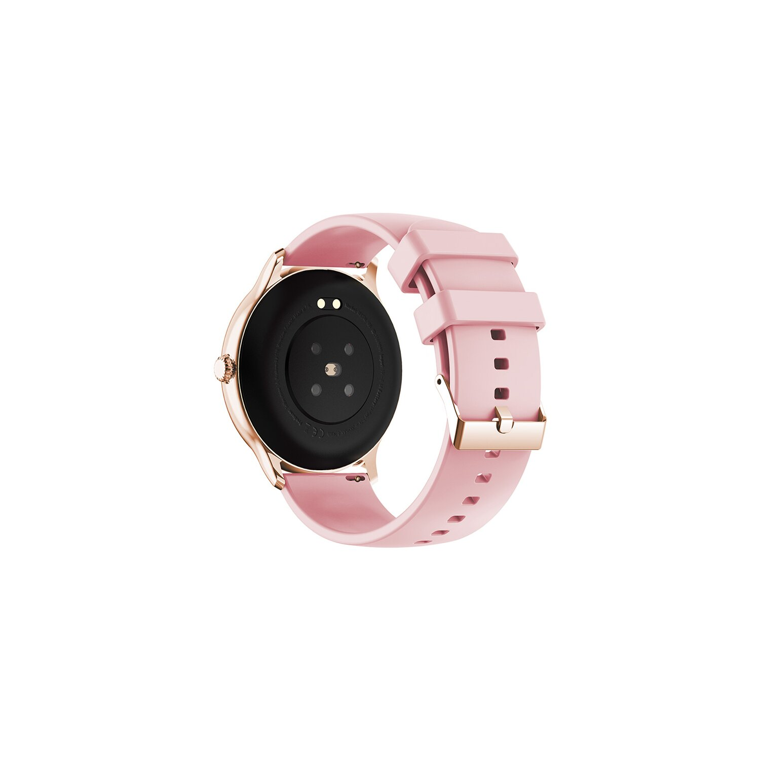Rosafarbene Smartwatch mit goldenem Rahmen und pinkfarbenem Armband. Die Rückseite hat einen schwarzen Sensorbereich.