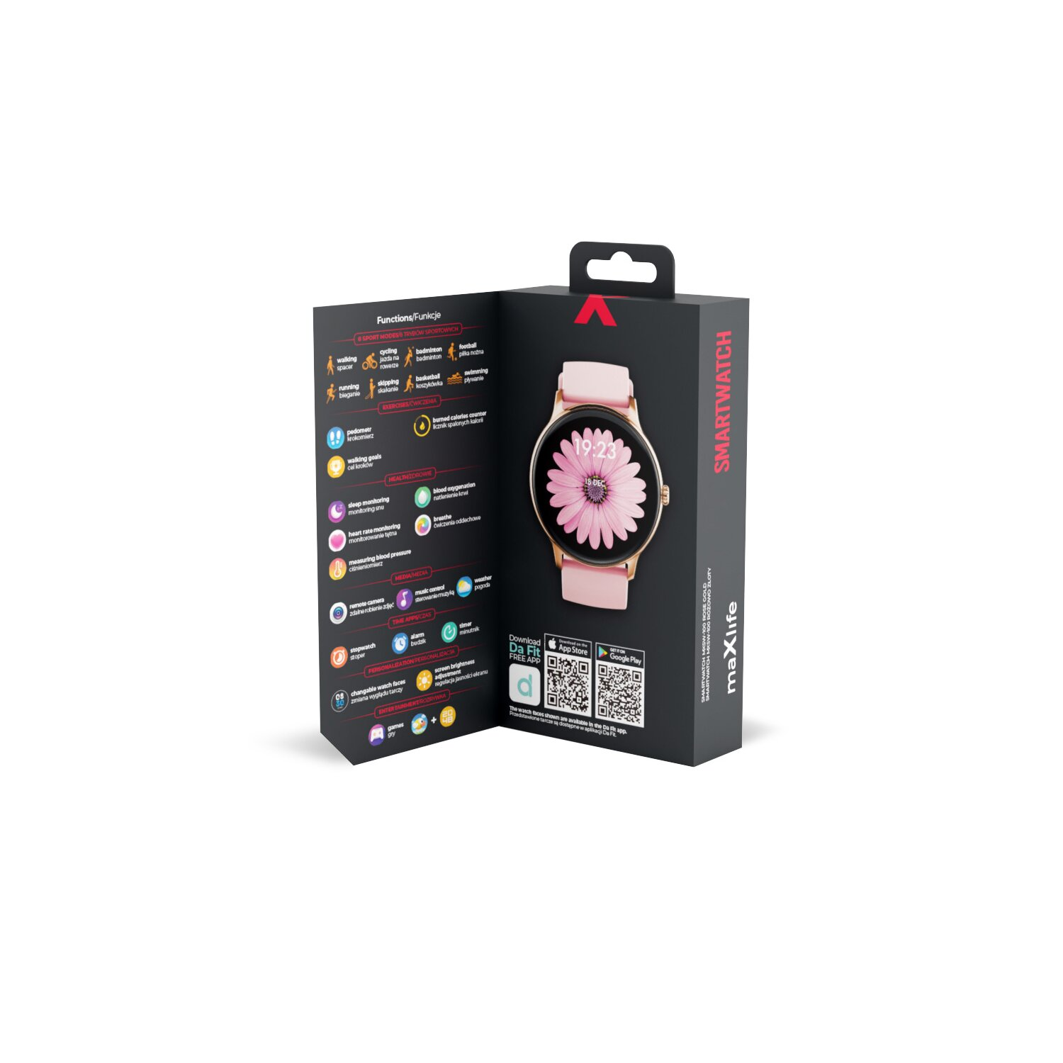 Eine Smartwatch-Box mit pinkfarbenem Zifferblatt liegt auf weißem Untergrund. Die Box hat Funktionssymbole.