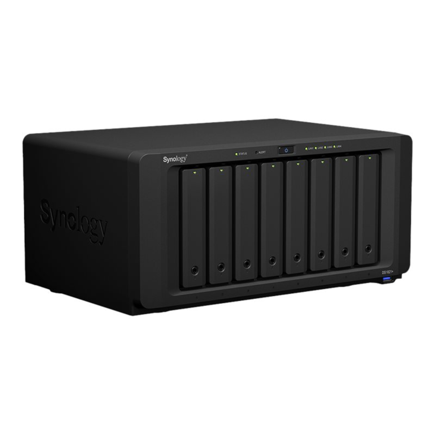 Un dispositivo NAS Synology negro. Frente con bahías de unidad, logotipos visibles.