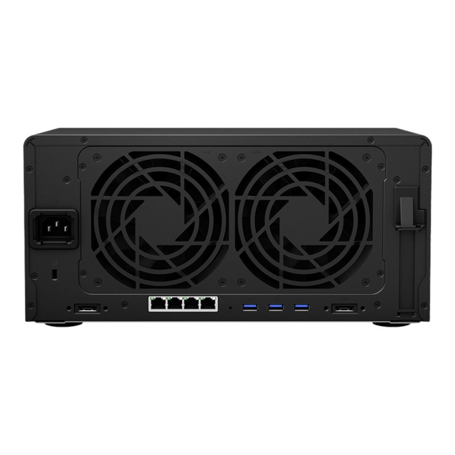 Dispositivo NAS negro con dos ventiladores y múltiples puertos. Vista frontal, con texto y puertos visibles.