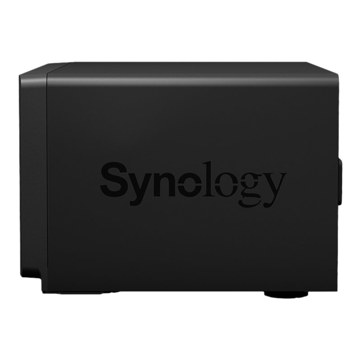 Servidor NAS Synology negro. La palabra 'Synology' se muestra prominentemente en el frente.