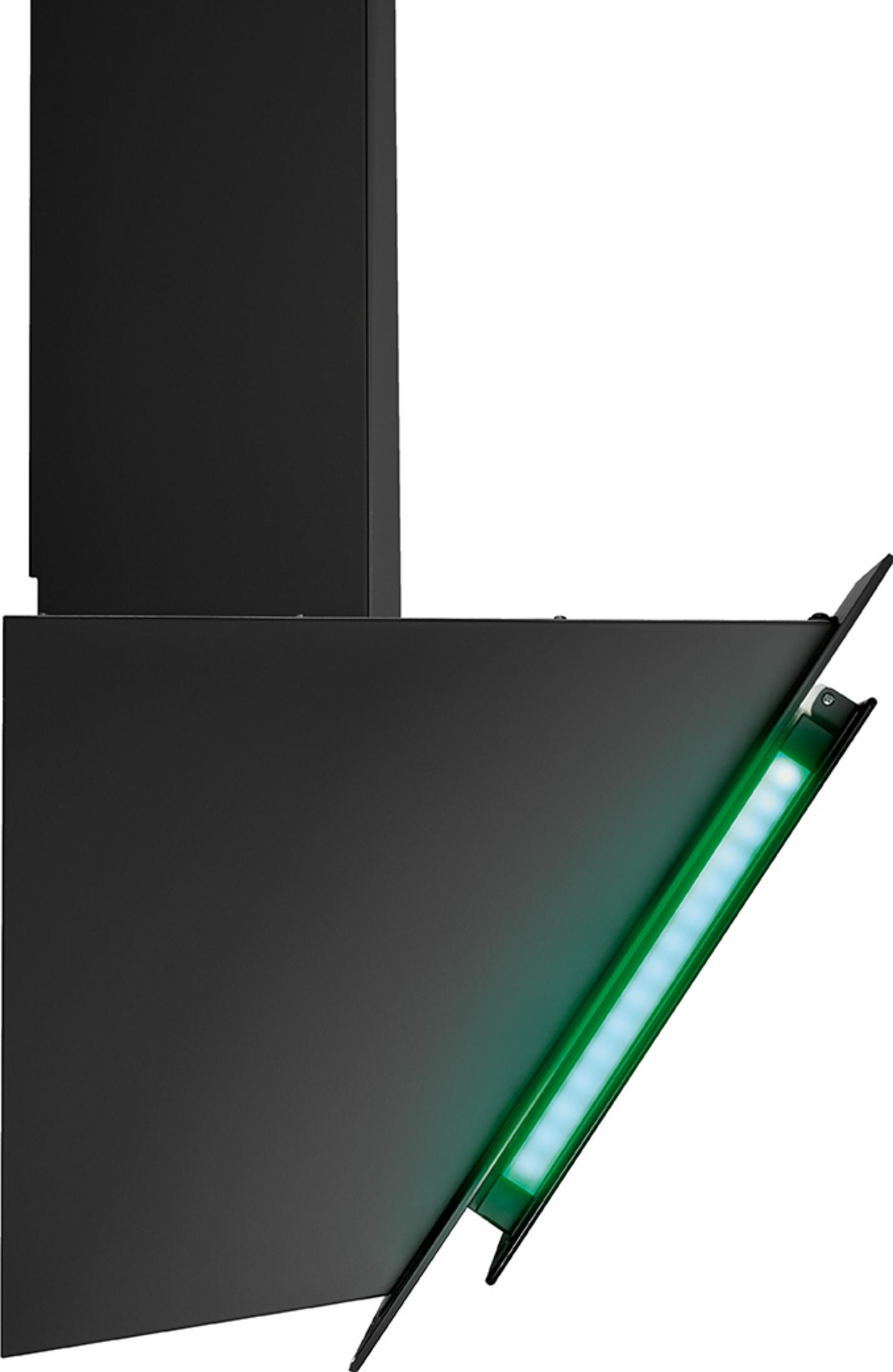 Una cappa da cucina nera con luce verde su sfondo bianco.